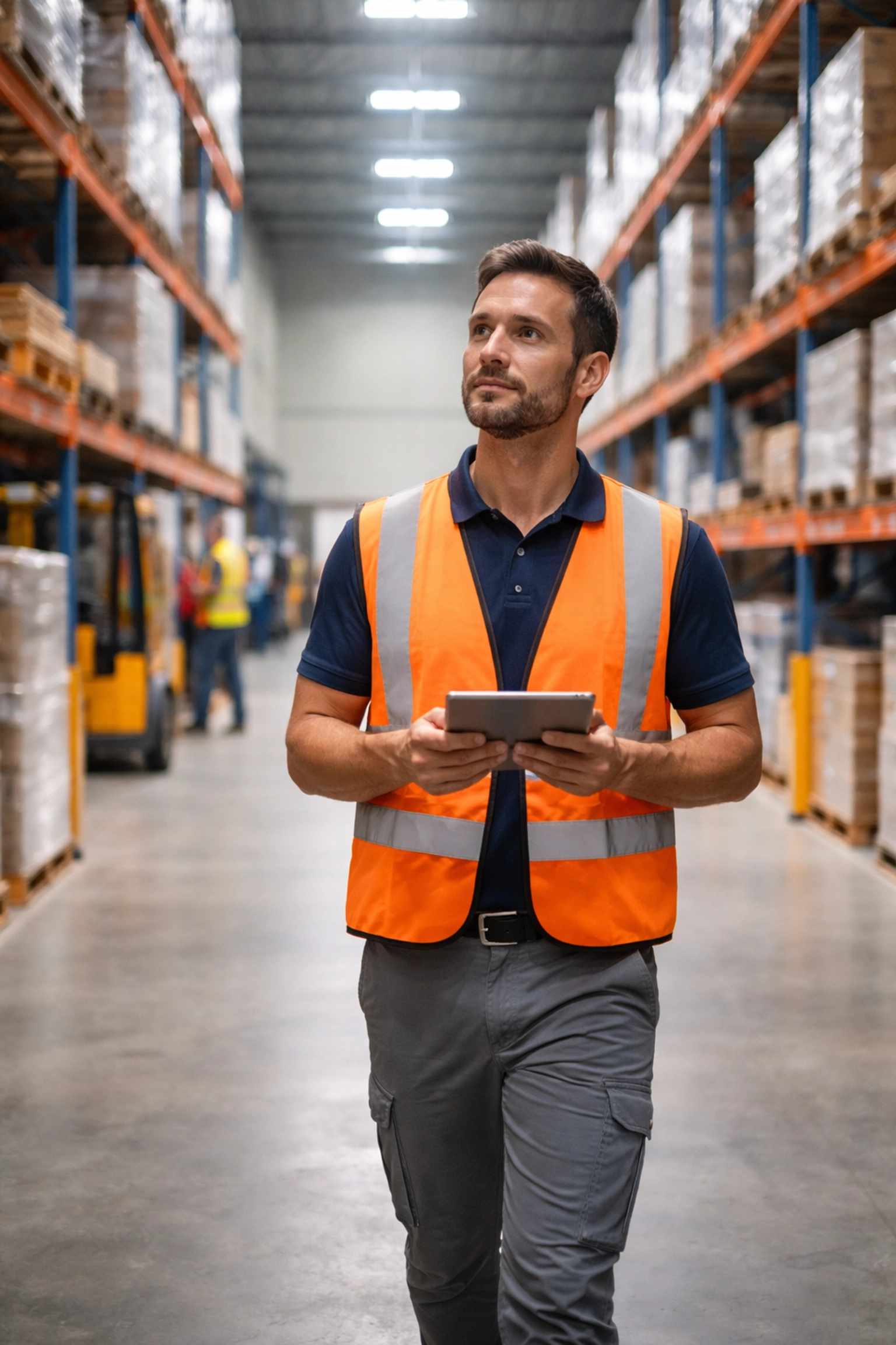 Logistics manager inspects inventory in a modern warehouse, emphasizing operational flexibility and supply chain management.
