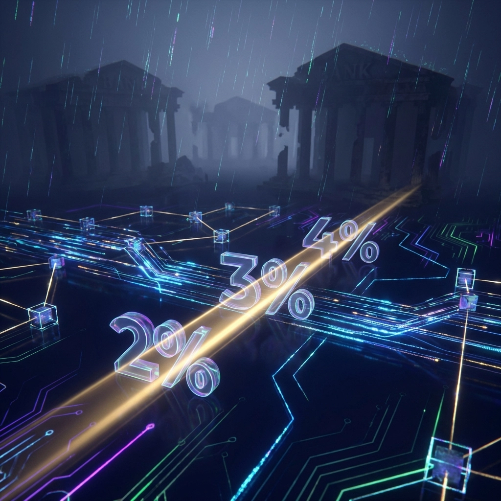 Futuristic digital blockchain payment system cutting merchant interchange fees compared to outdated banks