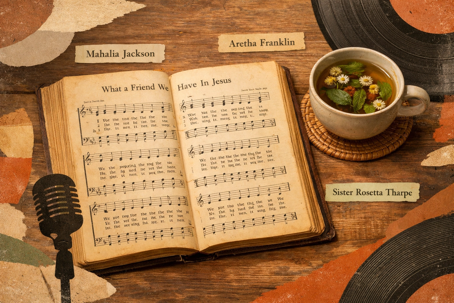 Vintage gospel songbook still-life with subtle collage nod to Mahalia, Aretha and Sister Rosetta