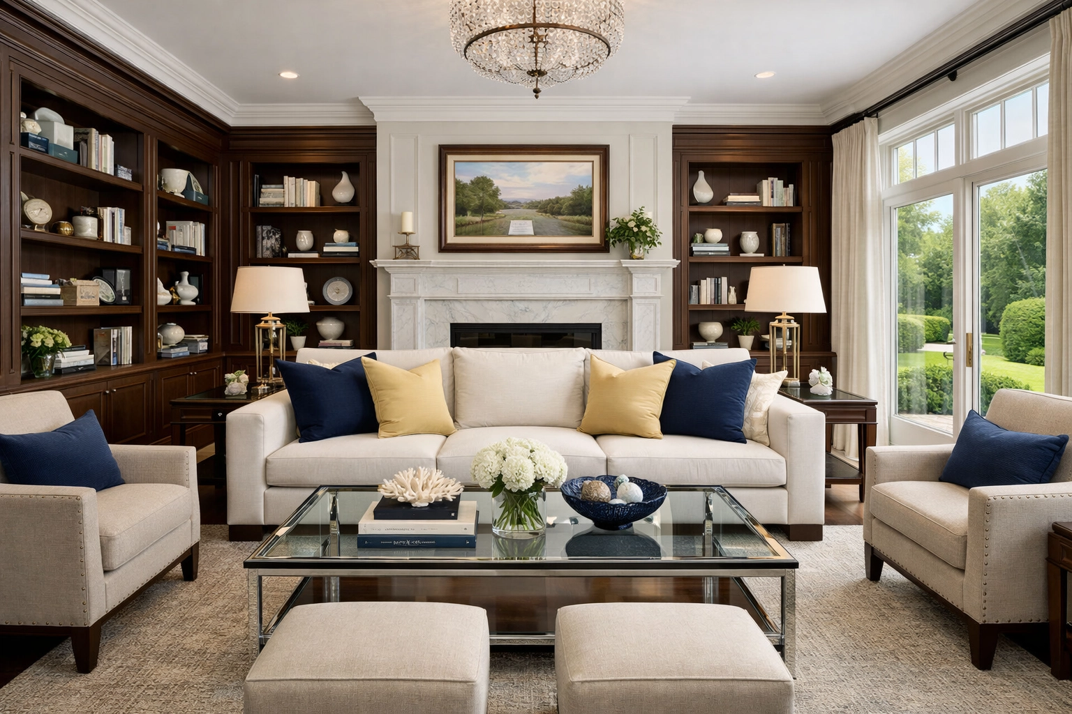 Perfectly organized living room in a Massachusetts estate after a luxury house cleaning Concord MA service.