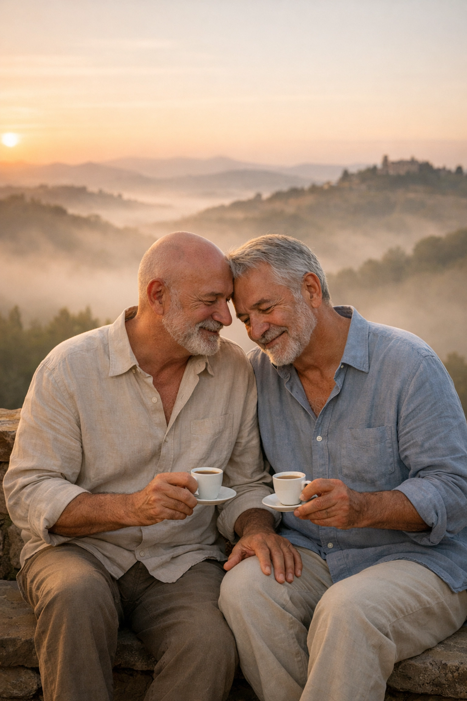 Senior gay couple enjoying honeymoon breakfast on Italian terrace at sunrise