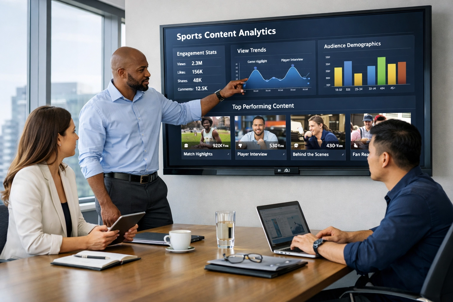 Sports marketing team reviewing media asset analytics and performance metrics in collaborative meeting