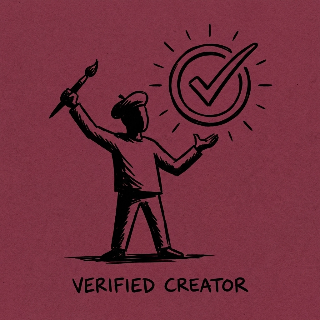 Drawing of an artist or model with a checkmark badge, showcasing verified creator status and achievement on IncluHub.