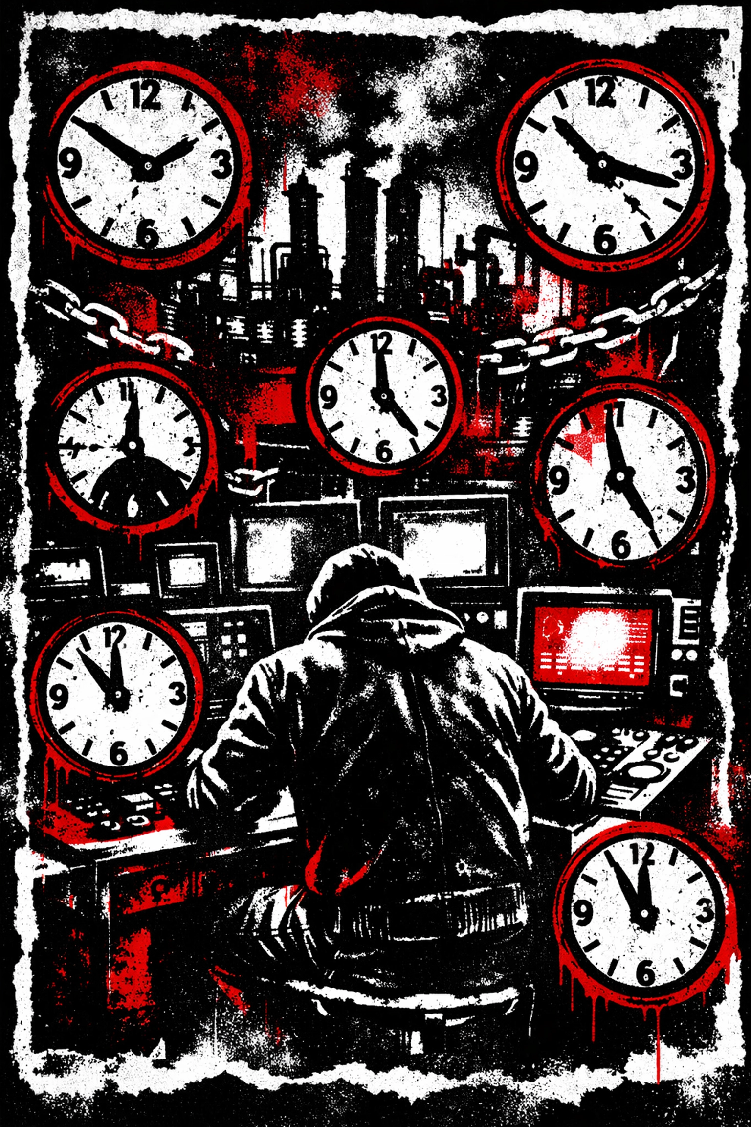 Worker at industrial station with multiple clocks showing 96-hour work week determination