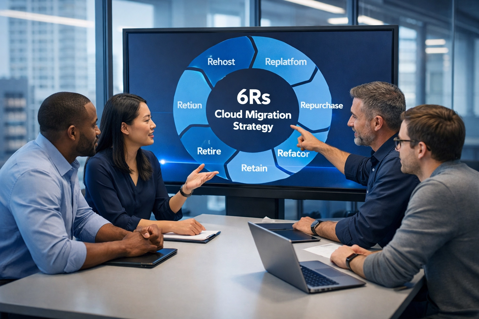 IT consulting team collaborating on 6Rs framework for cloud migration and modernization planning