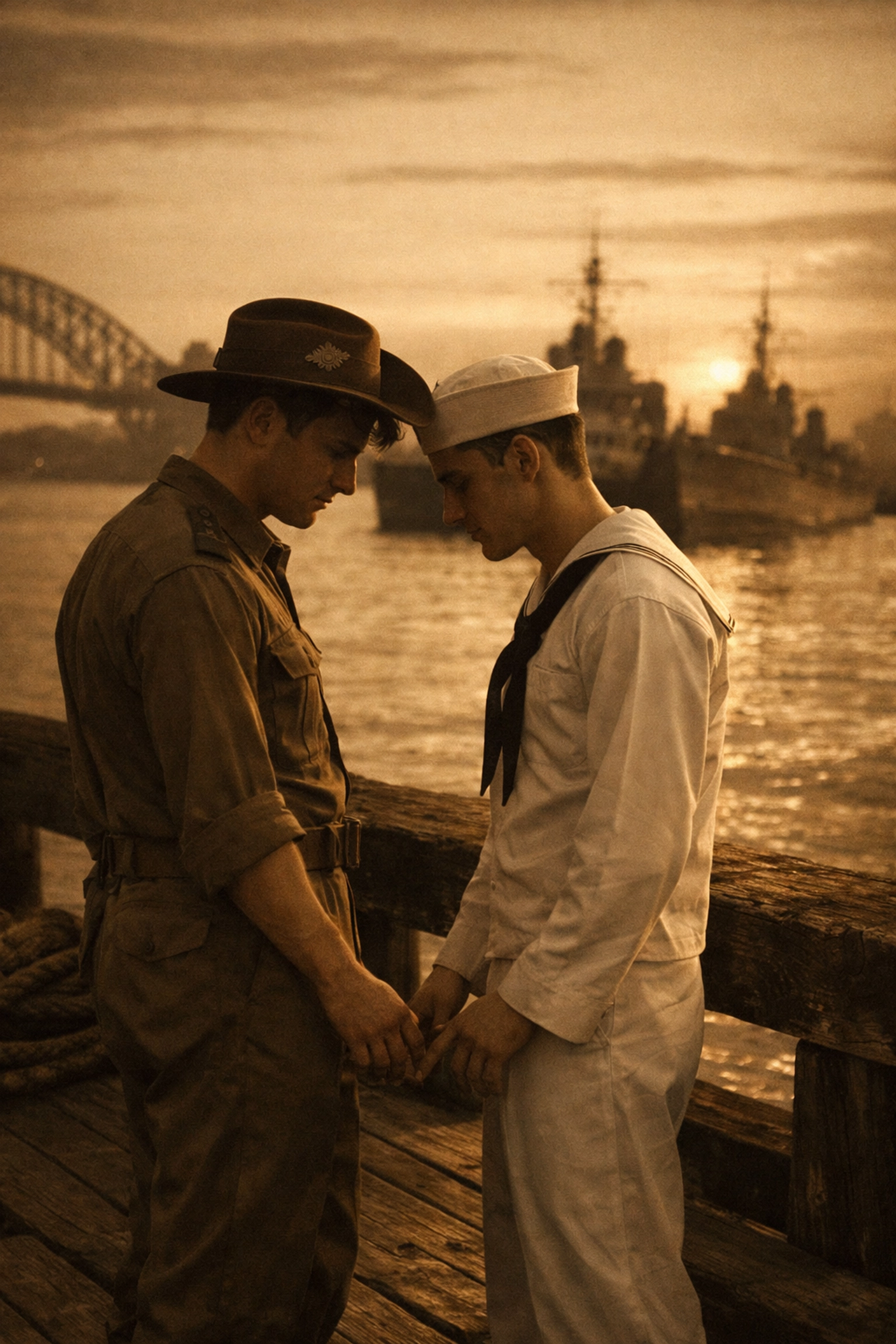 Australian soldier and American sailor share intimate moment at Sydney Harbour during WWII