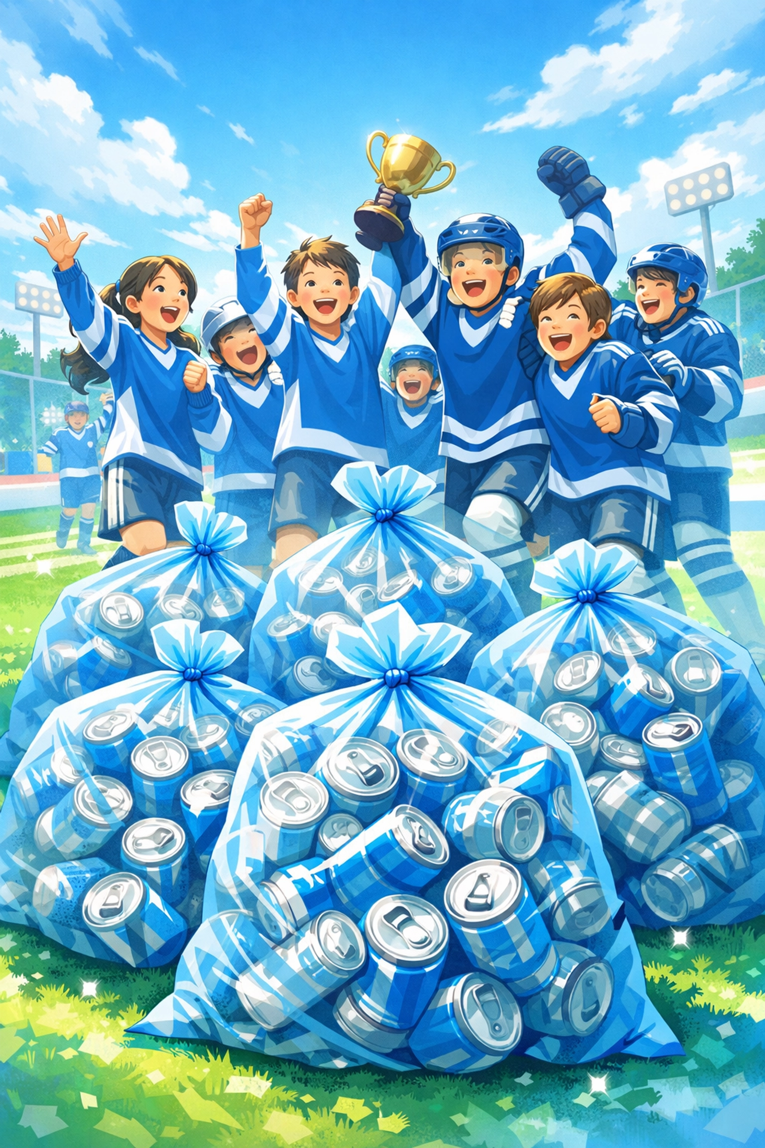 Youth sports team celebrating with bags of aluminum cans from successful recycling fundraiser