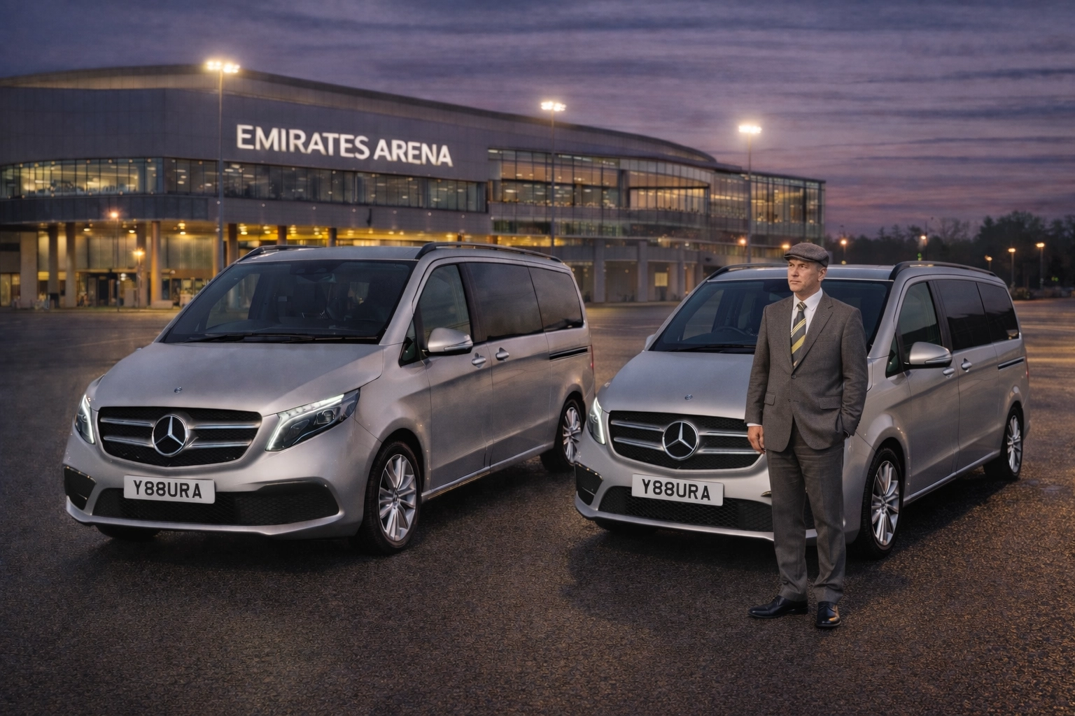 Executive chauffeur service in Glasgow with silver Mercedes-Benz V-Class W447 vehicles outside the Emirates Arena in Glasgow at dusk, all doors closed, chauffeur in grey tweed with flat cap and Aura Journeys tie, V88URA plates.