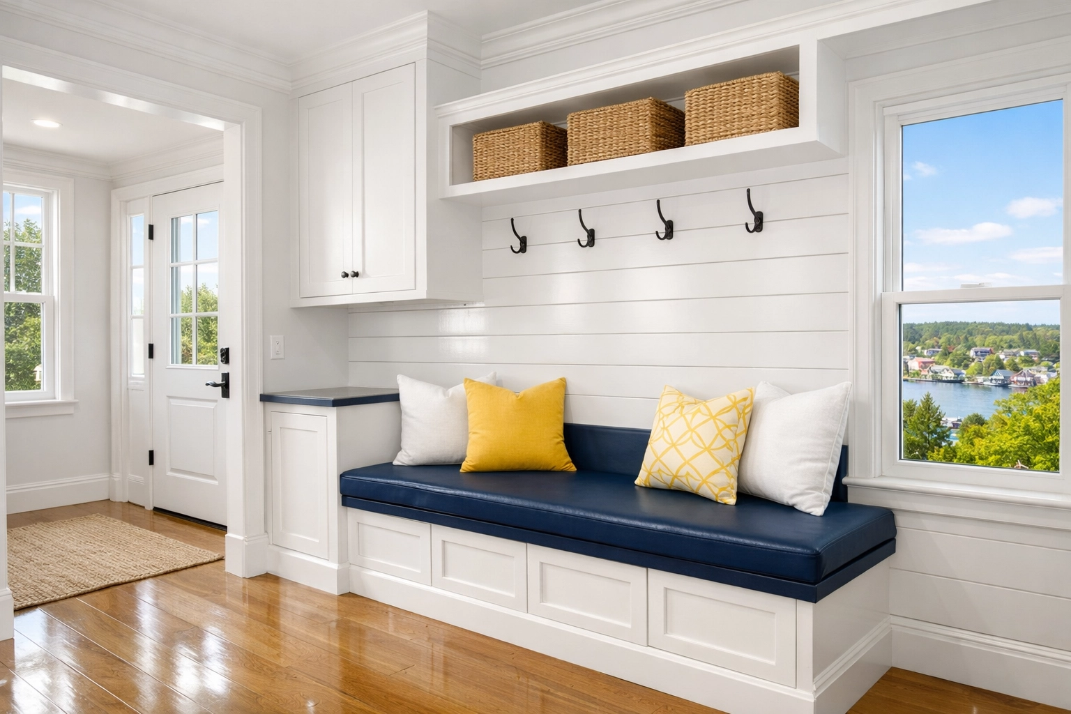 Spotless Lunenburg entryway with navy bench and shiplap walls after professional house cleaning.