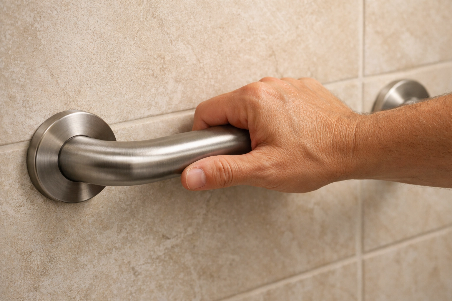 A hand gripping a sturdy stainless steel bathroom grab bar for secure support and fall prevention.