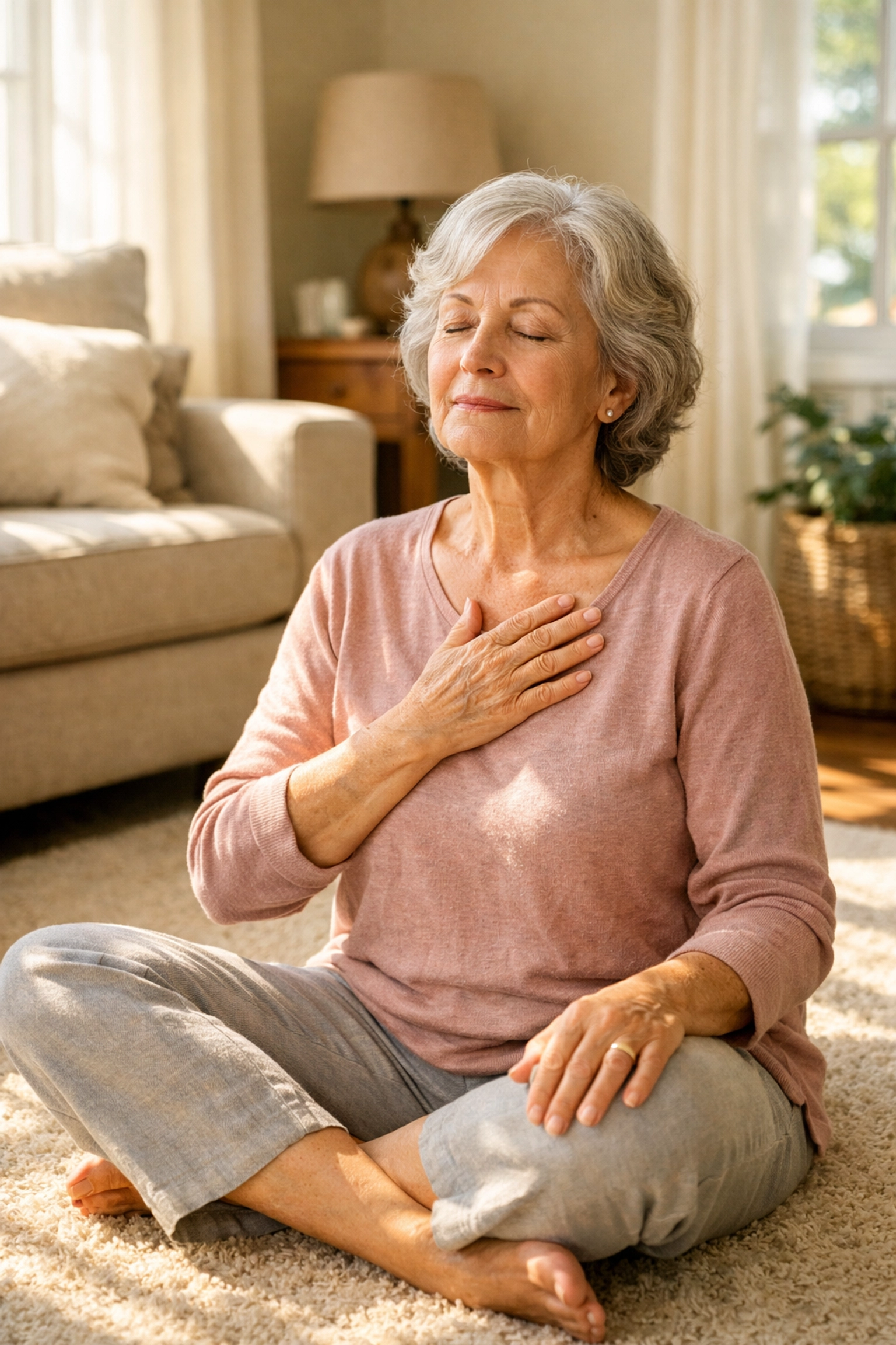 Senior woman taking deep breaths after fall to stay calm and assess injuries