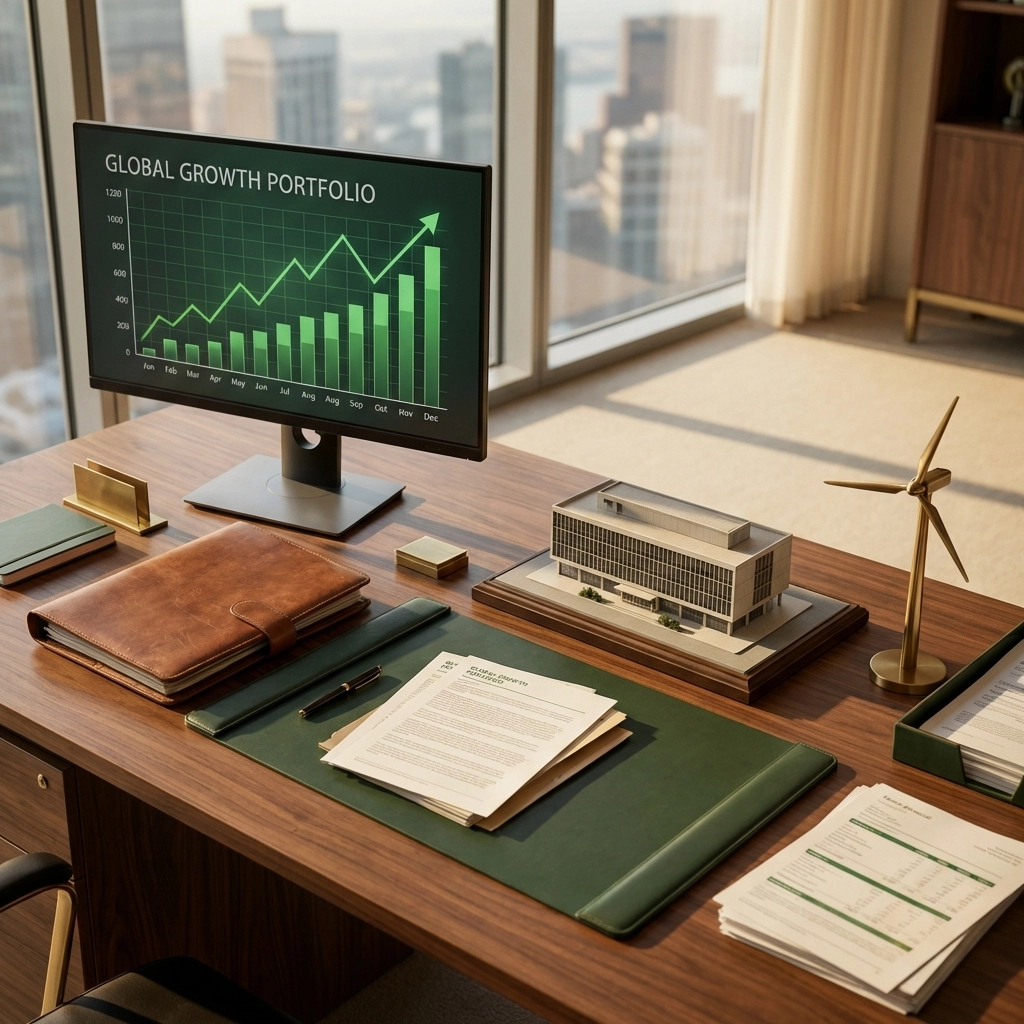 Investor’s desk with charts, real estate models, and financial documents representing thoughtful portfolio strategy