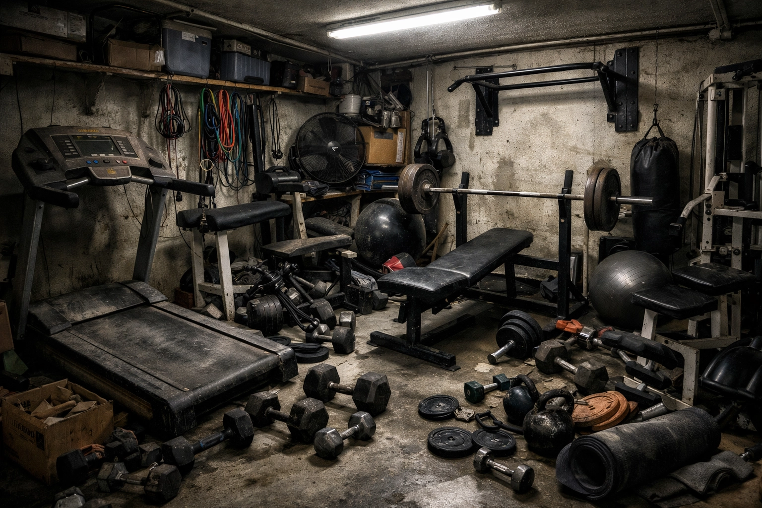 Cluttered home gym with unused equipment taking up excessive floor space