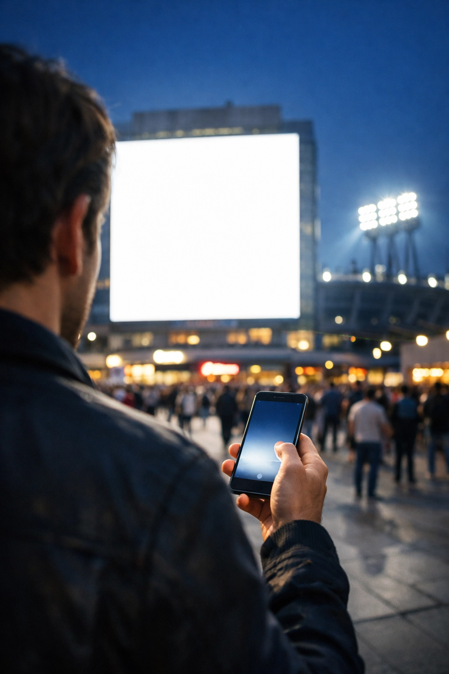 Digital billboard in an urban plaza near a stadium with a fan using a smartphone.