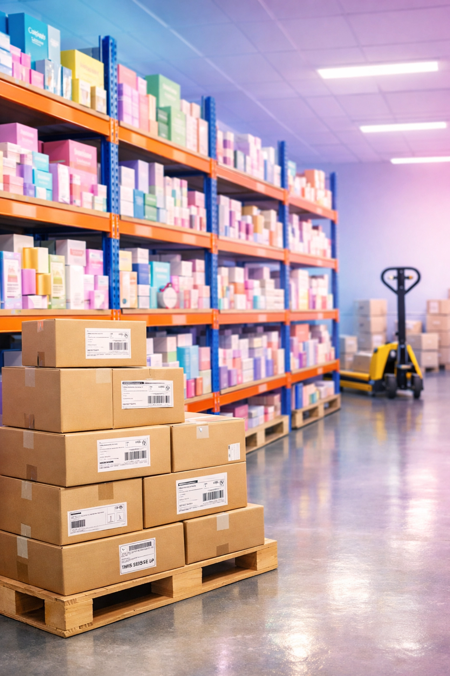 Warehouse shelving stocked with organized Korean beauty wholesale products