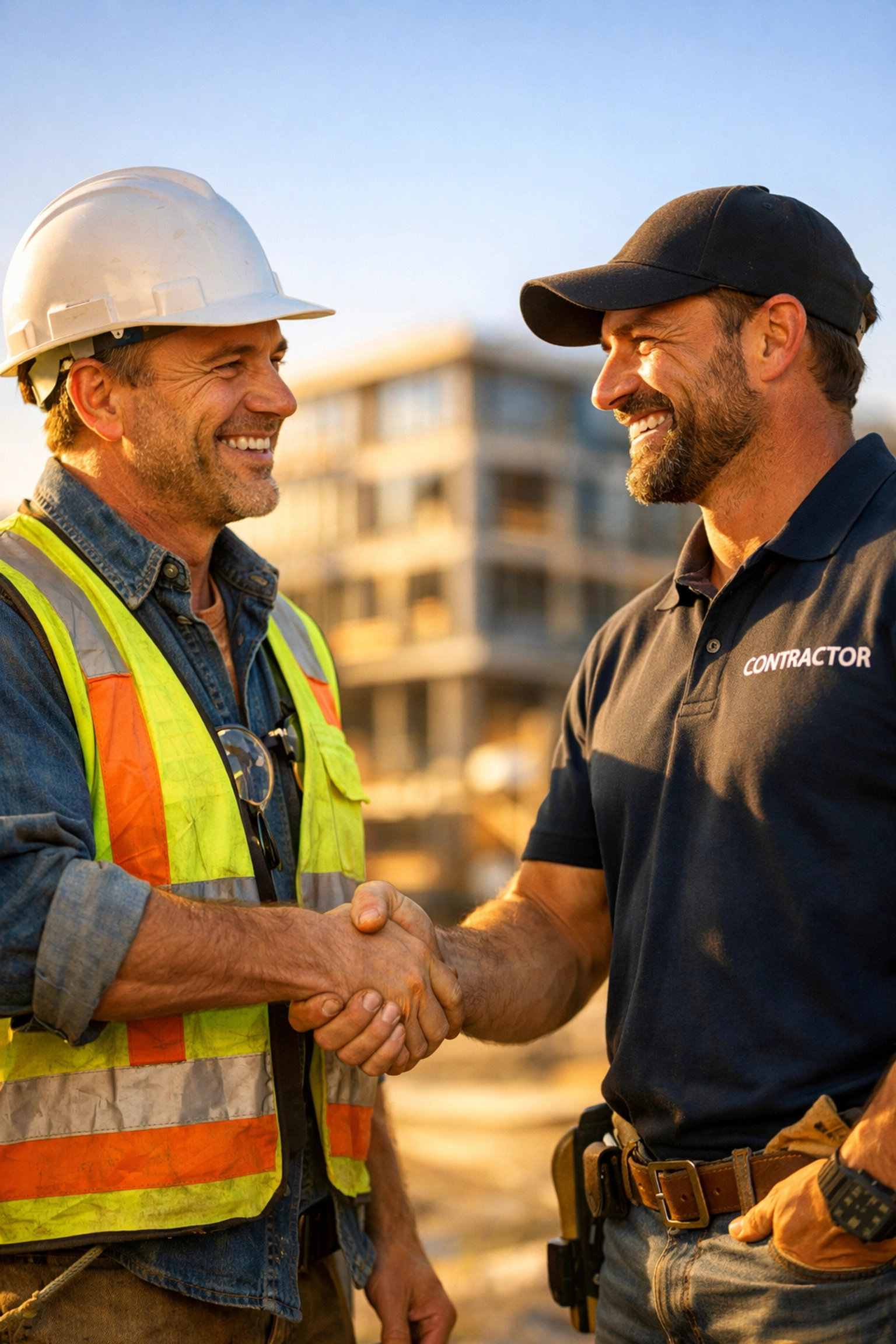 Tradespeople shaking hands at a construction site, showing partnership and business referrals.