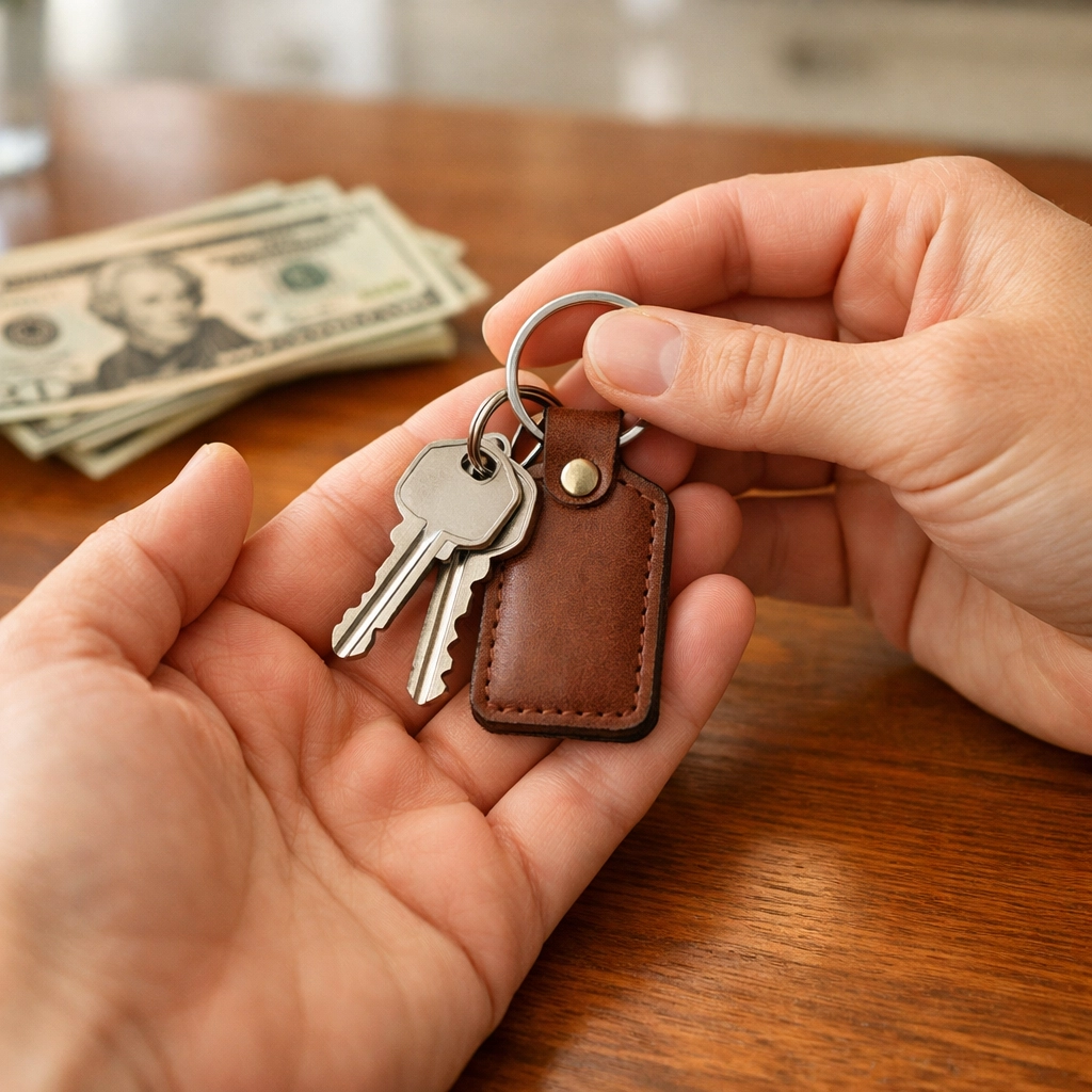 New house keys held over a desk with cash and a calculator showing low down payment options.