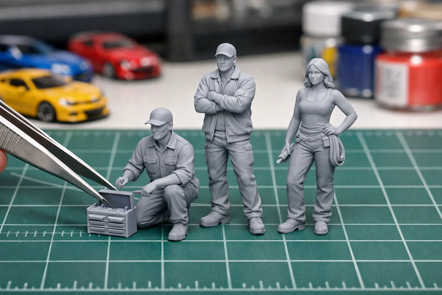Custom 3D printed 1:64 scale figures and tools on a workbench for building realistic dioramas.
