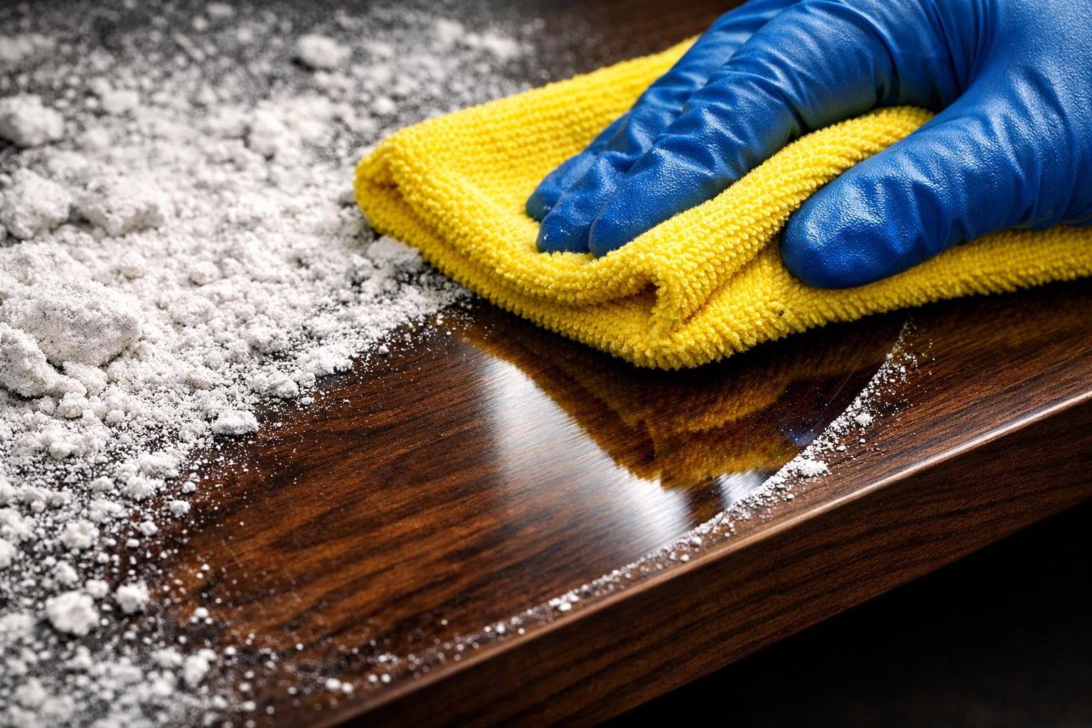 Detail of a microfiber cloth wiping drywall dust during a deep cleaning session in a Maynard residence.