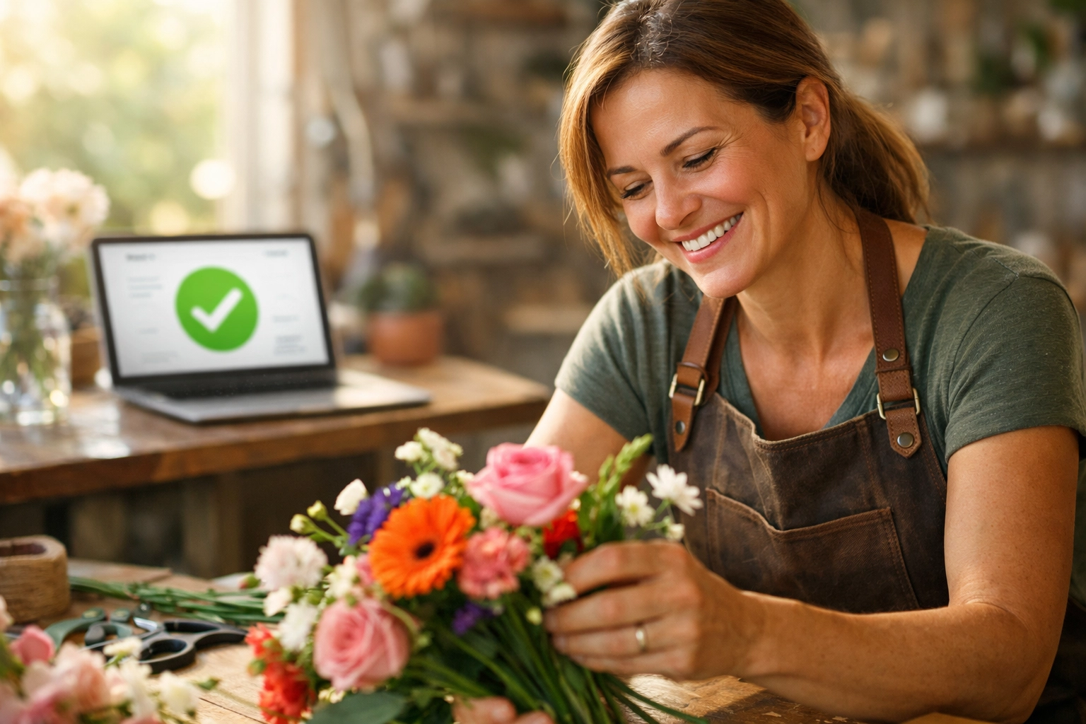 Small business owner working happily while outsourced bookkeeping services manage their finances.