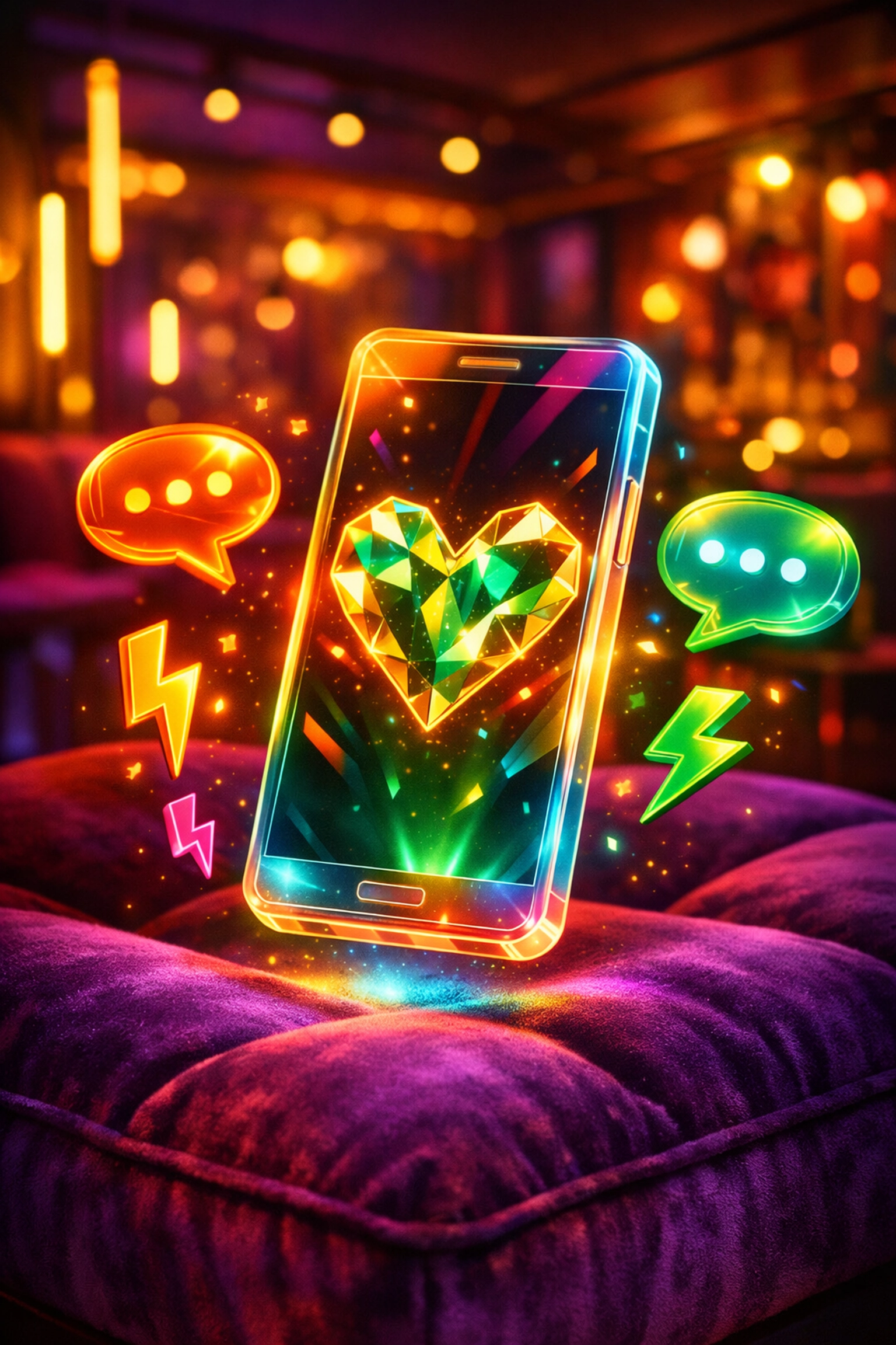 Glowing smartphone with a heart icon on purple velvet, symbolizing the shift from dating apps to real life.
