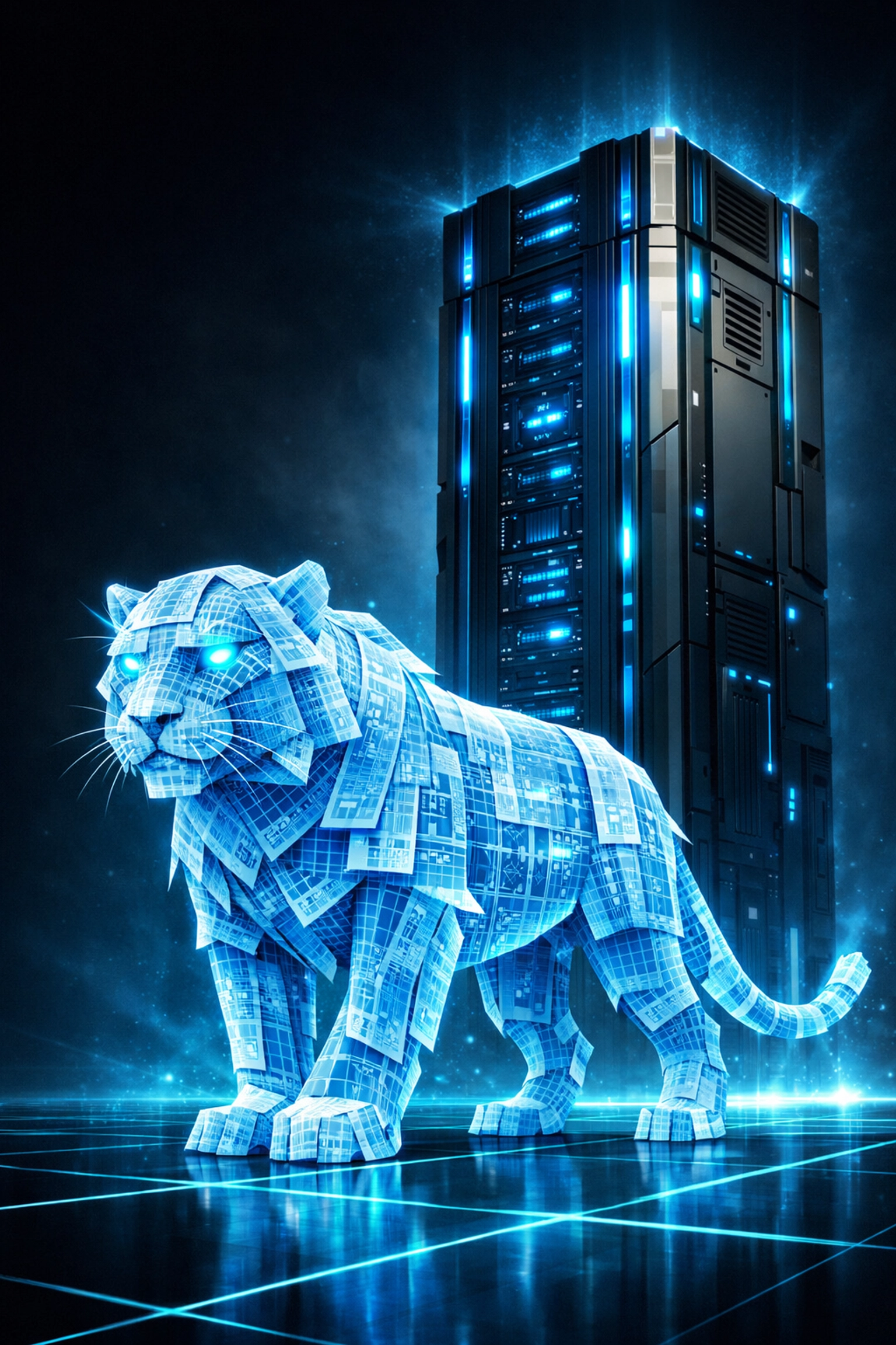 Digital tiger made of blueprints next to a secure technical enclave for CMMC Level 2 compliance.