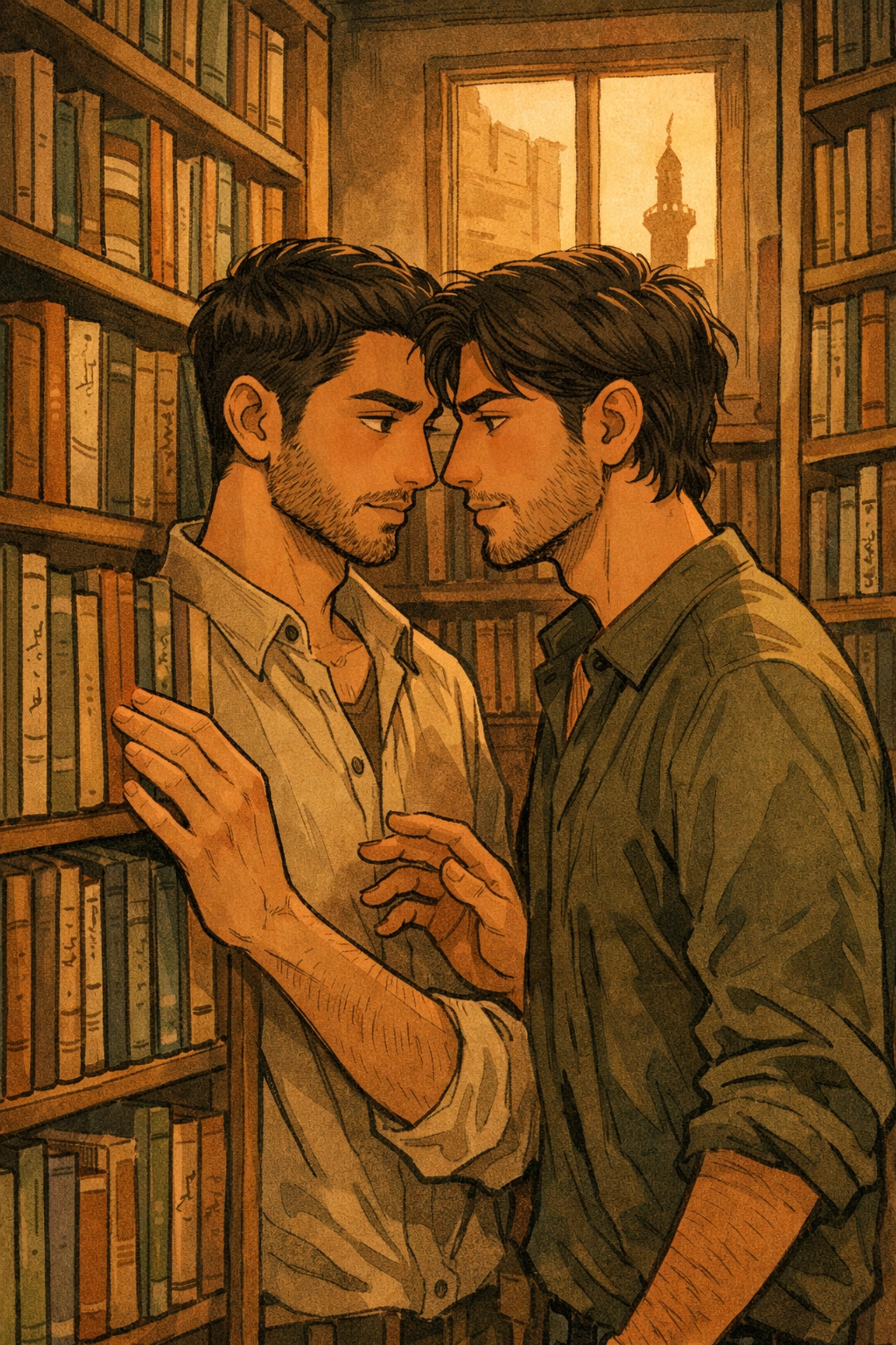 Two men share intimate moment in Cairo bookstore - MM romance secret love story