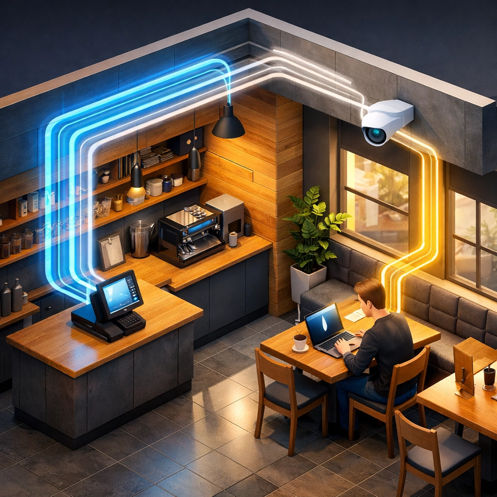 Visual representation of cafe network segmentation separating guest Wi-Fi from POS system data streams.