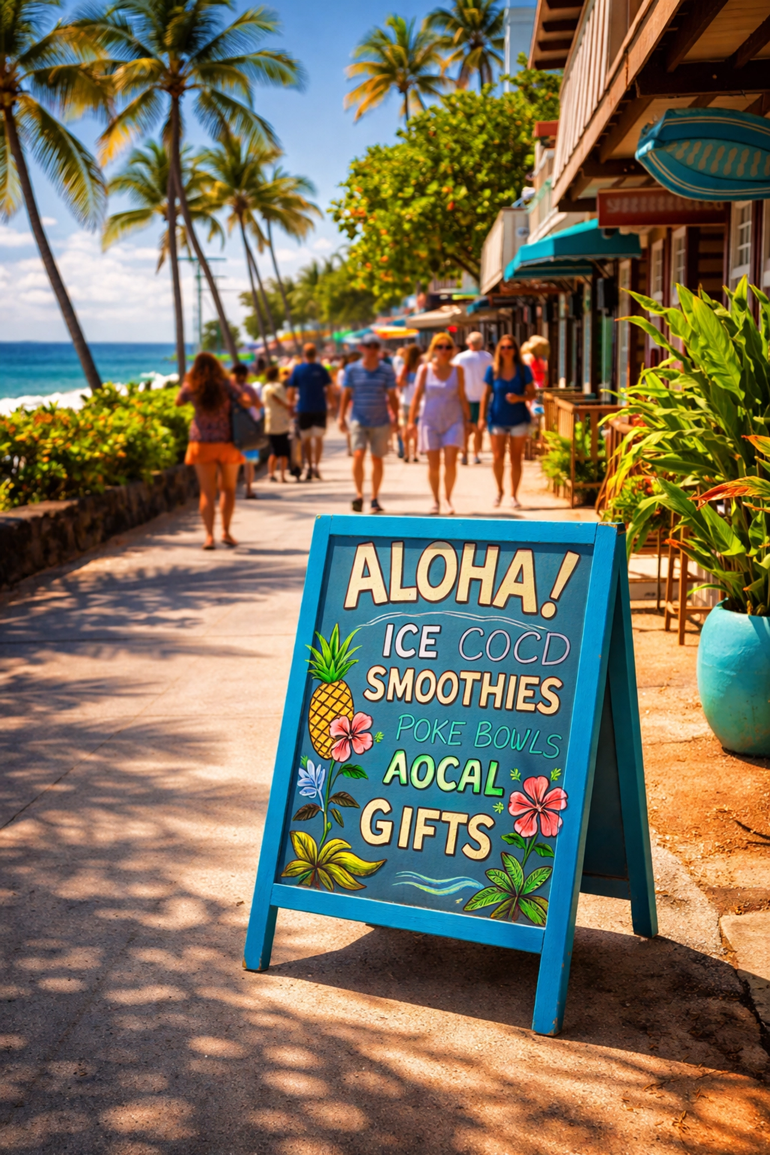 A-frame sign on a busy Kona sidewalk with palm trees, tourists, and ocean, attracting local foot traffic