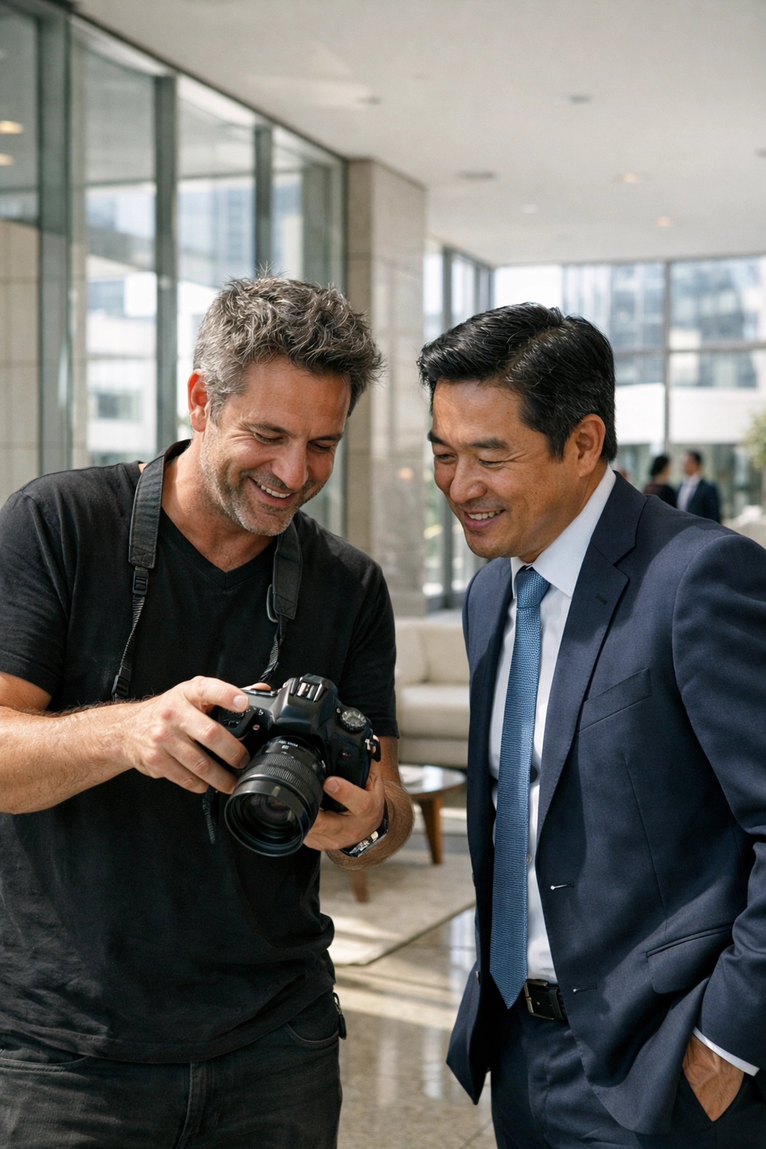 Photographer meeting with a corporate client in Los Angeles to discuss professional photography services.