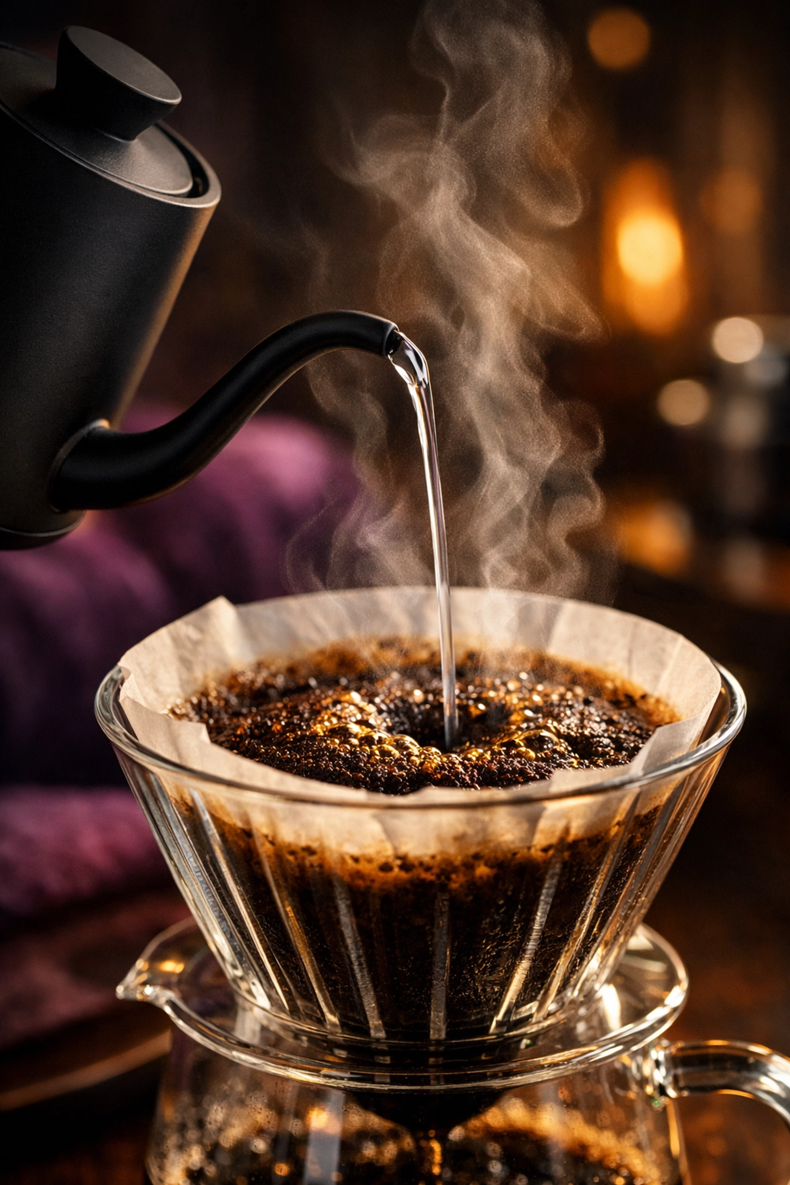 The Perfect Pour-Over: A Barista’s Guide to Using Specialty Coffee Beans at Home A gooseneck kettle pouring water onto fresh specialty coffee beans in a glass pour-over dripper.