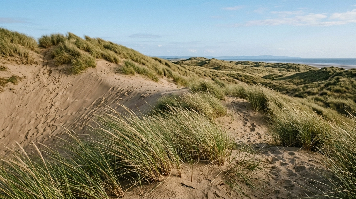 A close-up view of the massive sand dunes at Morfa Harlech, with marram grass swaying in the breeze.