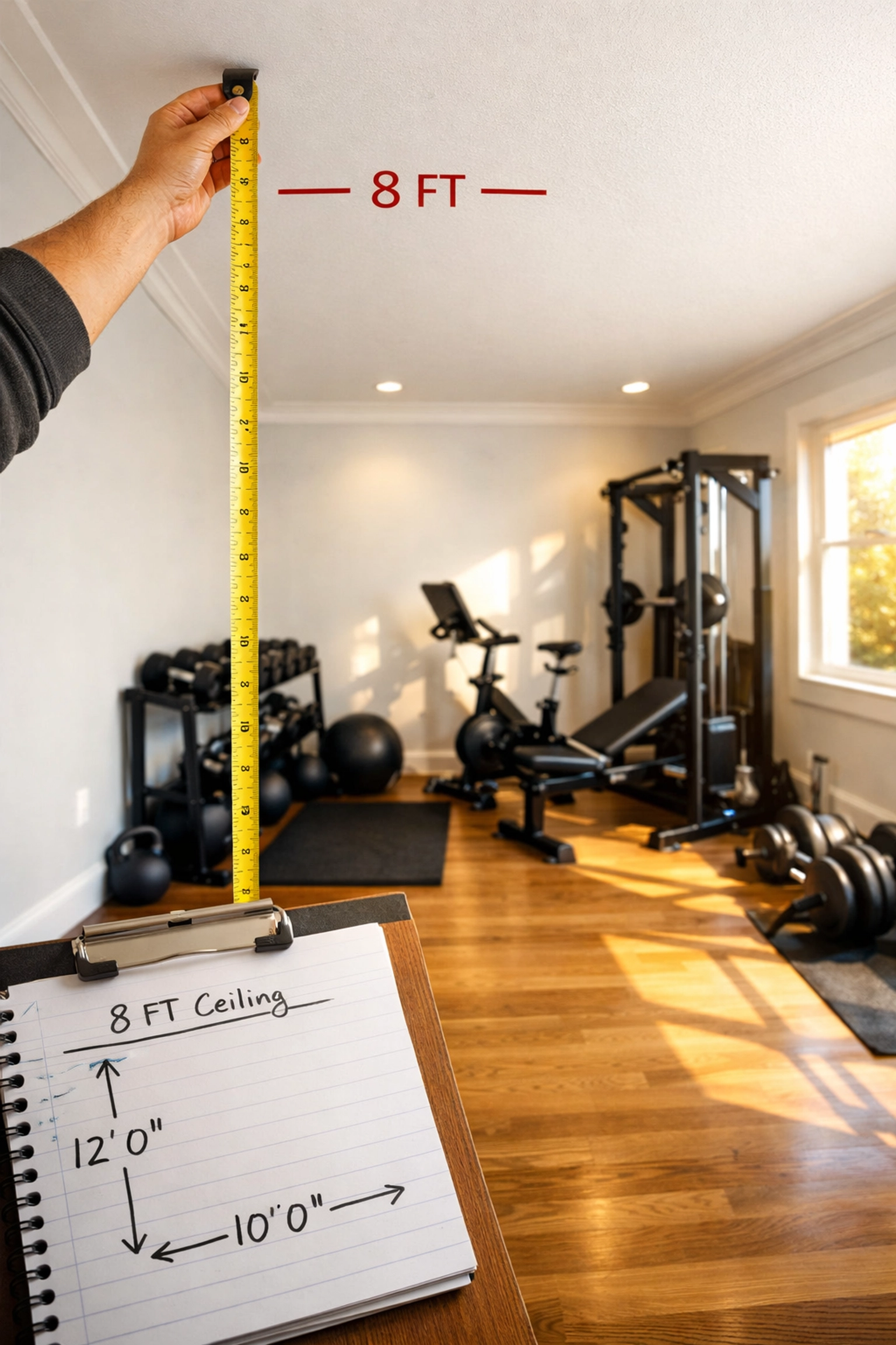 Person measuring floor to ceiling height for home gym setup with tape measure and notepad