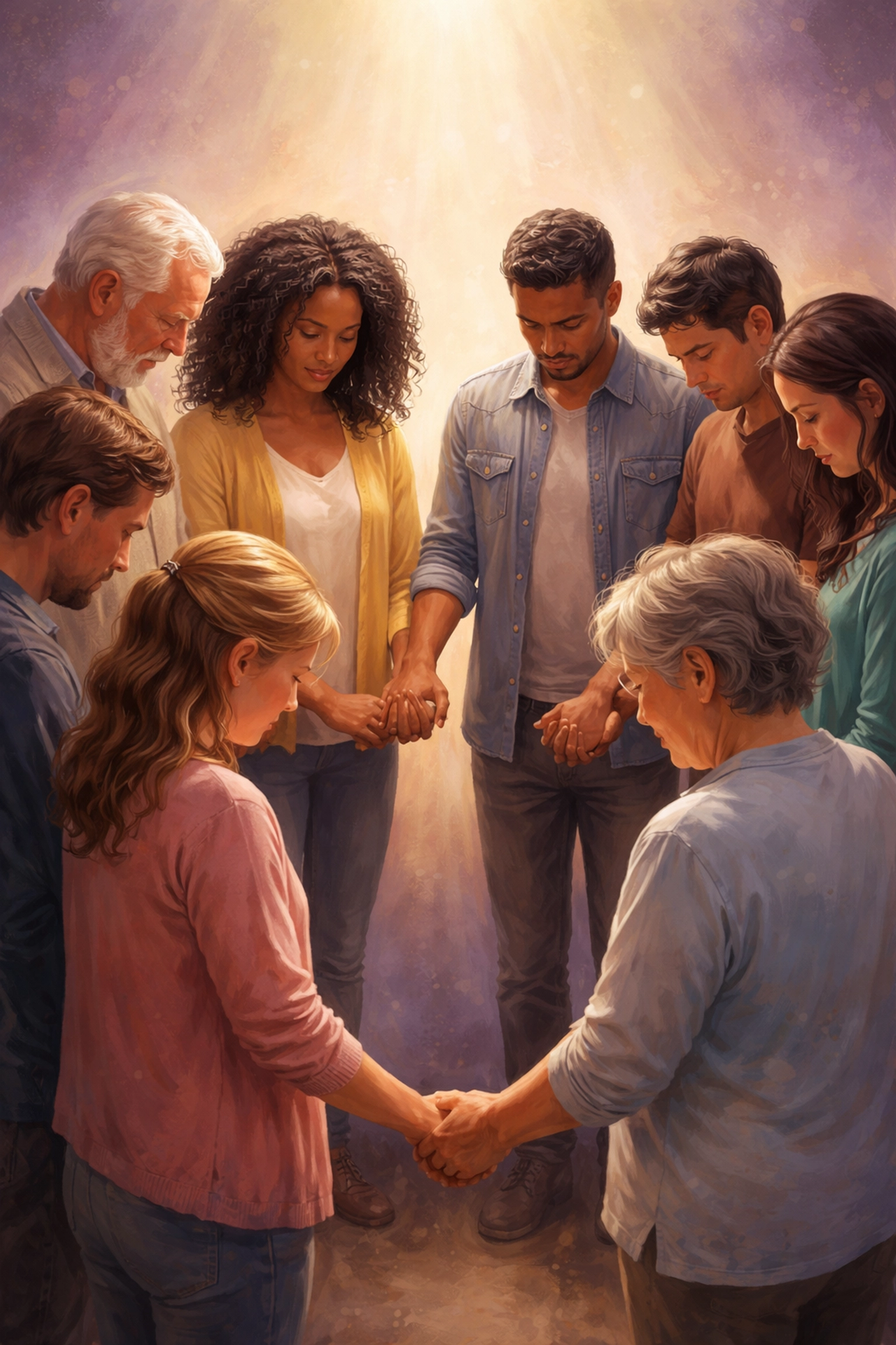 Diverse group praying in a circle under warm light, reflecting community and faith in God’s healing