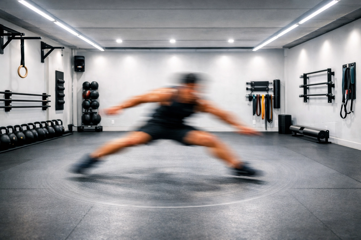 Calisthenics athlete practicing bodyweight training in a spacious, organized home workout room.