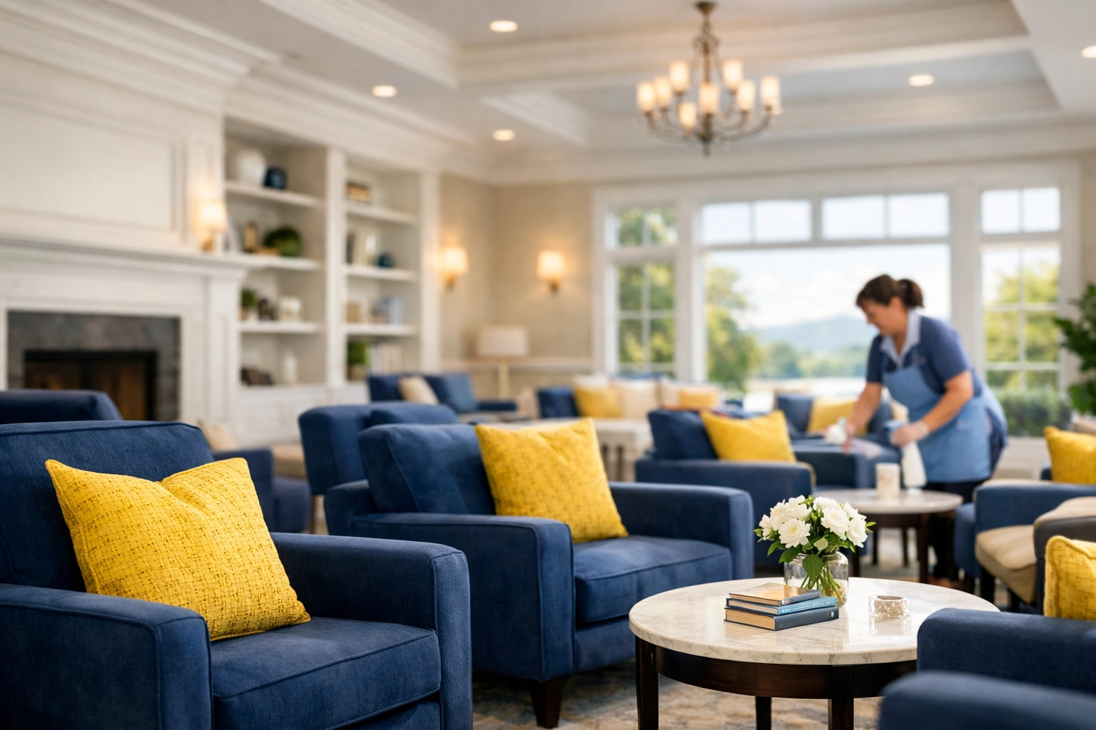 Discreet cleaning of a luxury senior living resident lounge in Methuen to maintain a peaceful environment.