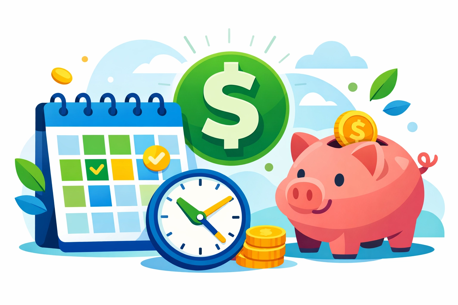 Clock, calendar, and piggy bank icons representing strategic tax planning and withholding adjustments.