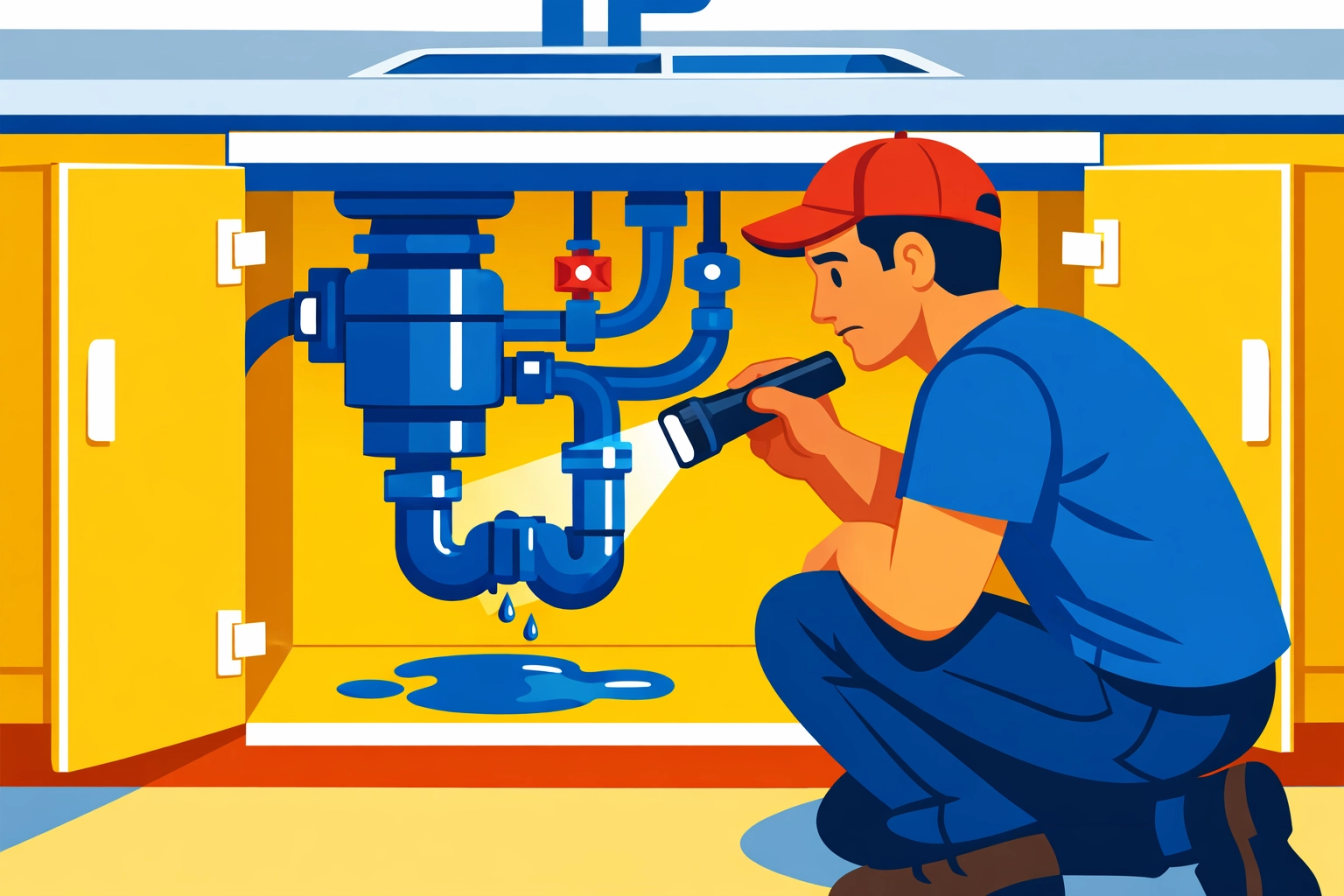 Homeowner inspecting under kitchen sink for water leaks and pipe damage