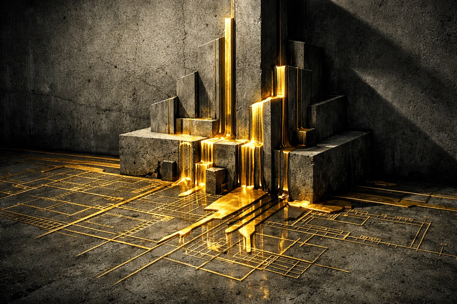 Brutalist Gold & Shadow architectural visual of polished gold foundation lines etched into raw concrete, representing investor-grade financial model rigor.