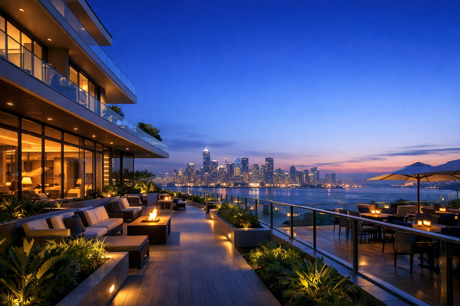 Modern architectural hotel terrace at dusk representing the innovative future of scalable hospitality.