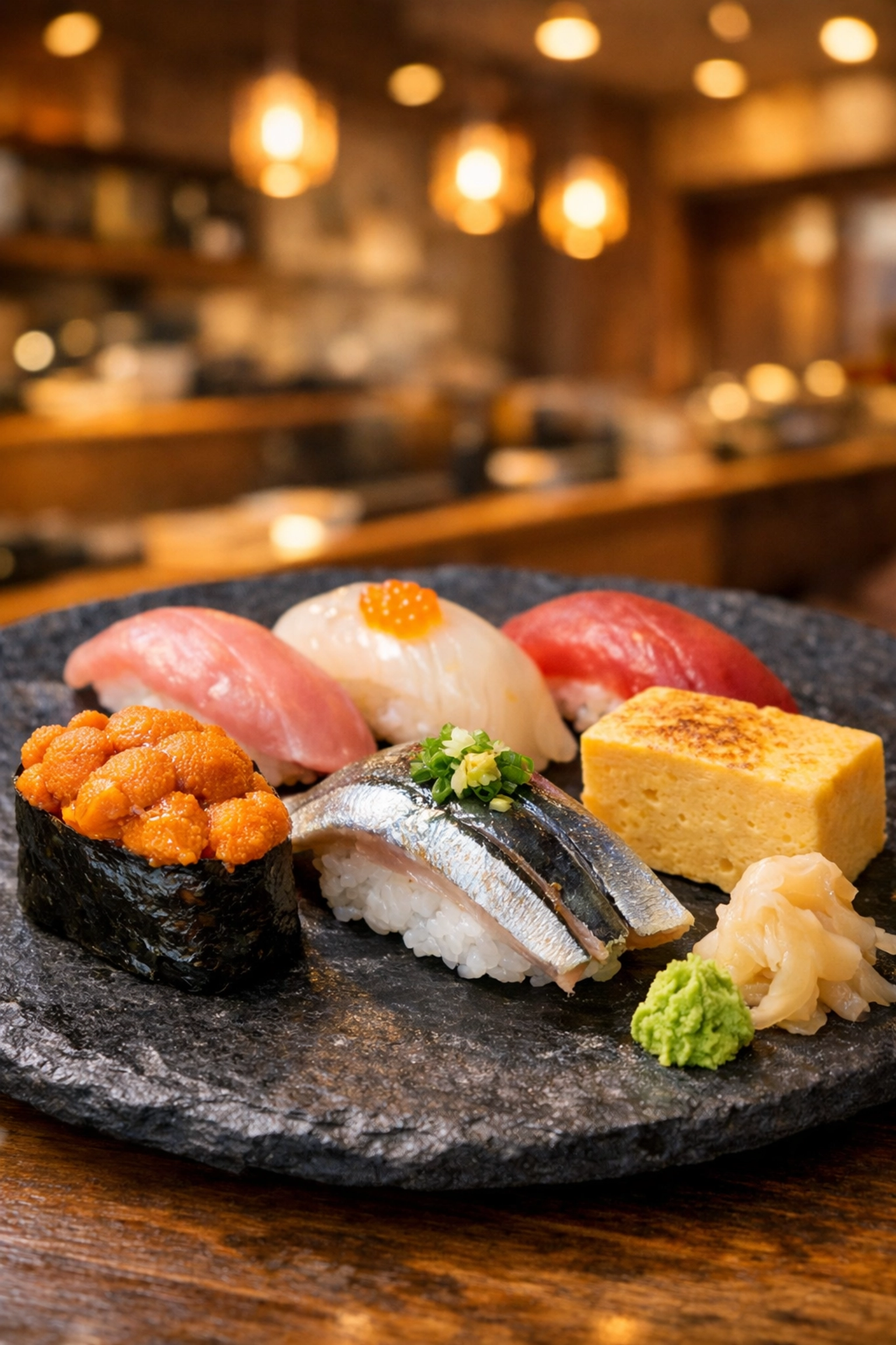 An Omakase sushi platter featuring fresh sea urchin and mackerel at a contemporary Ginza restaurant.