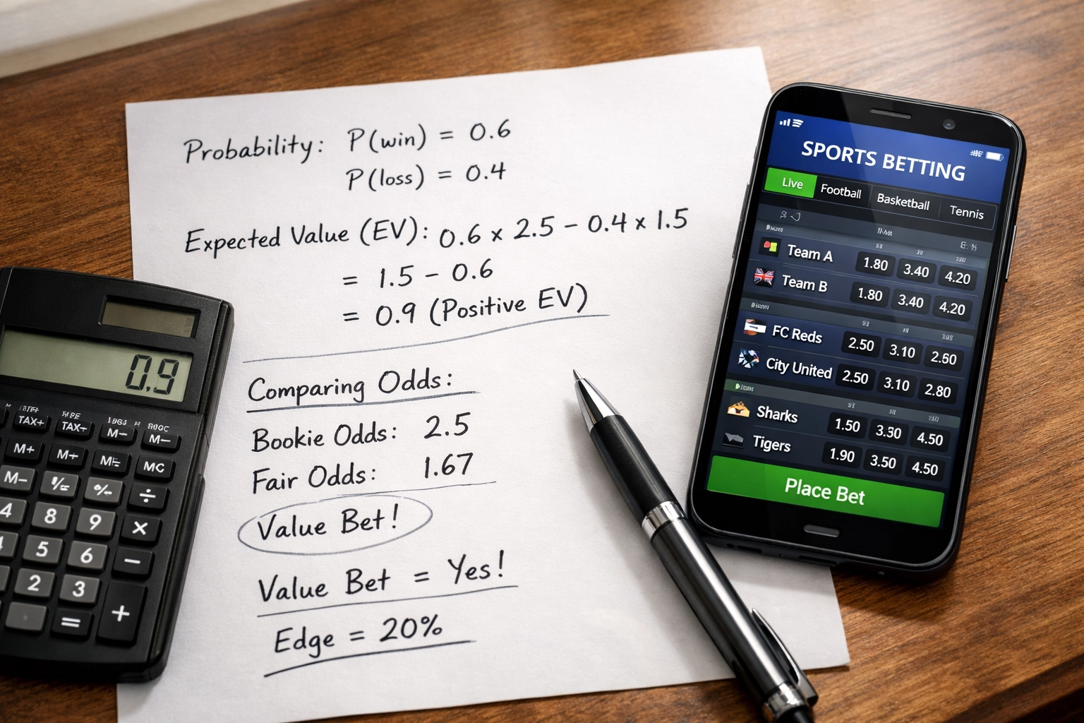 Wahrscheinlichkeitsberechnung für Value-Wetten mit Taschenrechner und Wettquoten-Vergleich