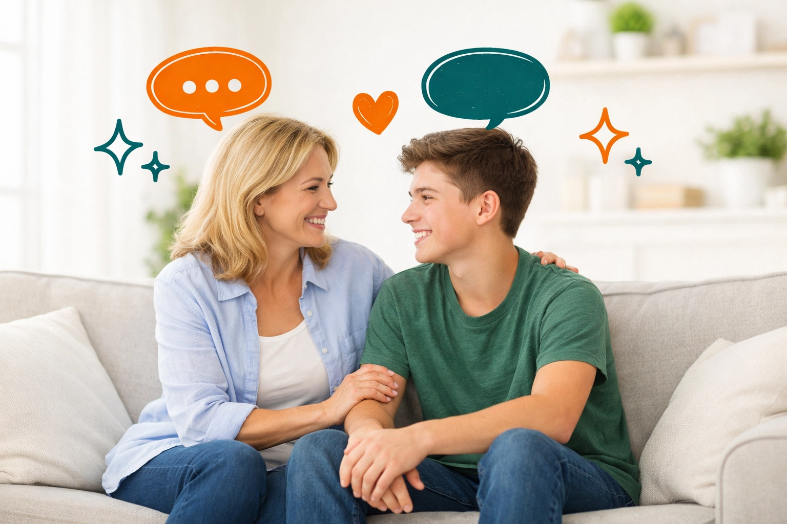 Christian mother and teen son practicing emotional intelligence and open communication at home.