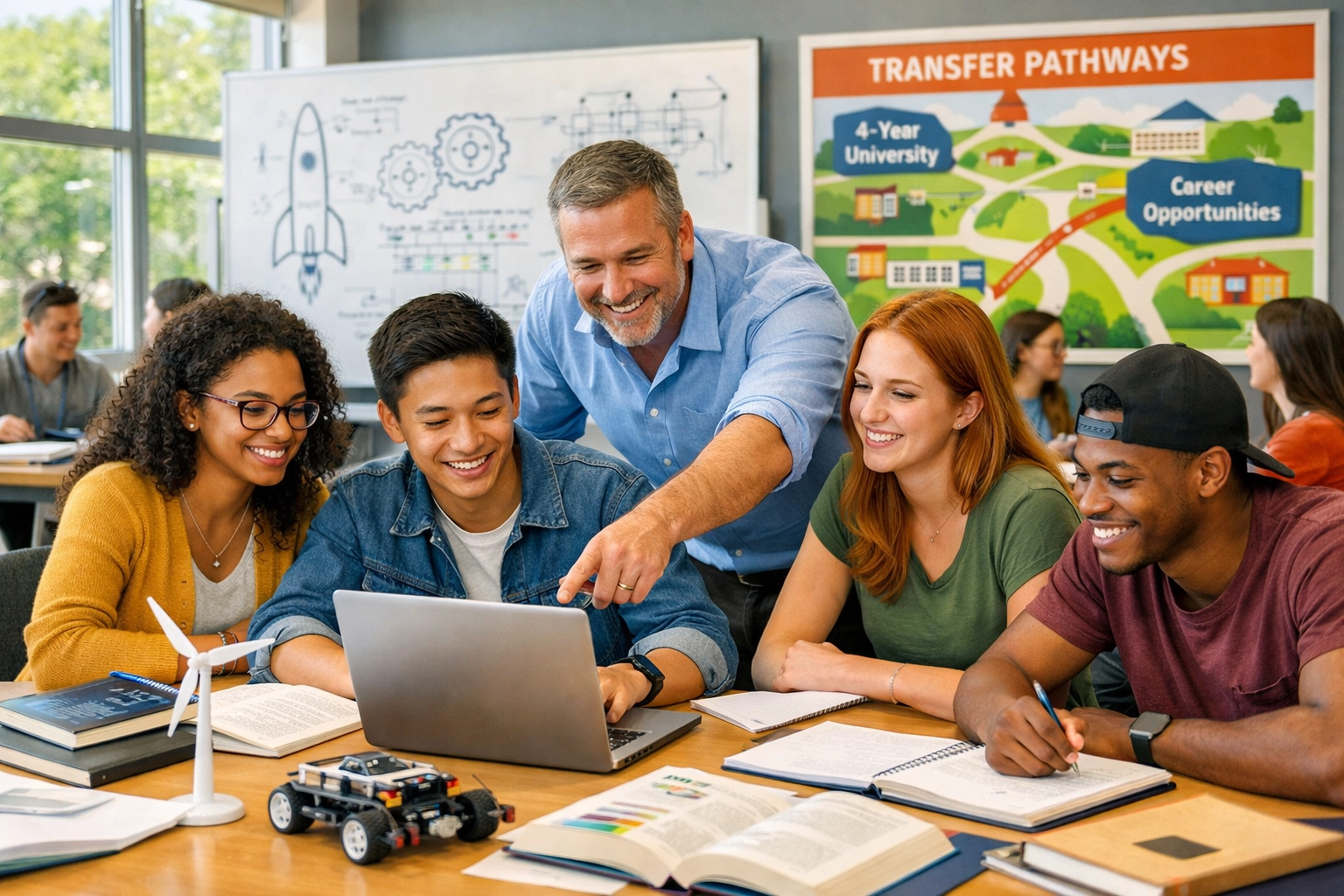 Community college students collaborating on STEM projects with instructor guidance