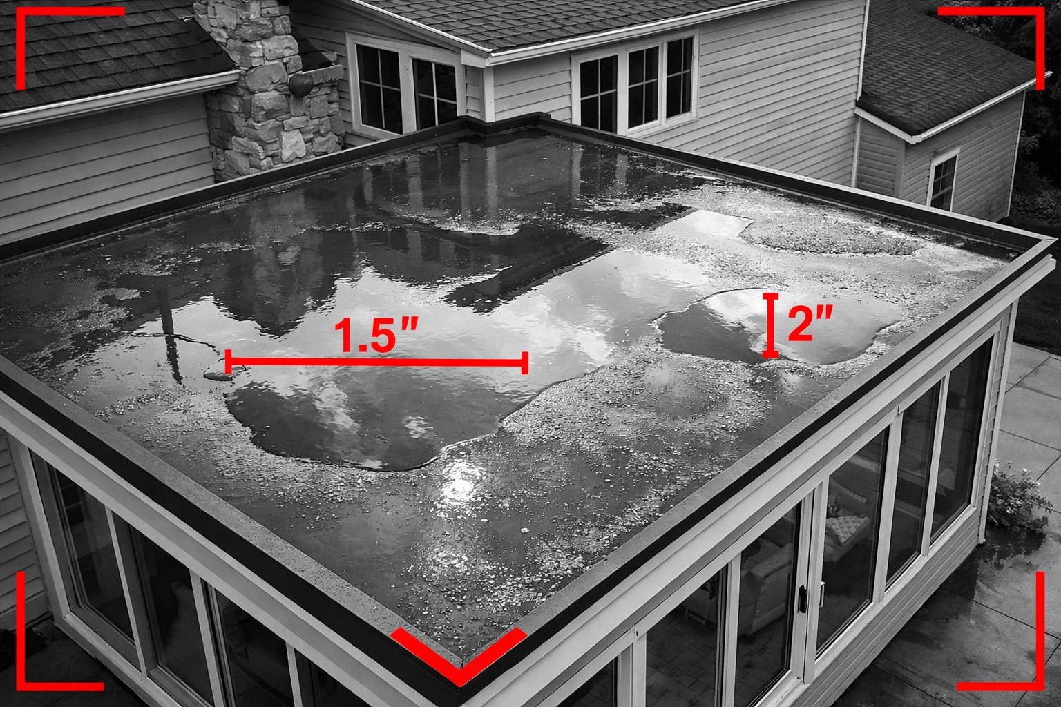 Water pooling on flat sunroom roof showing drainage problems common in low-slope residential roofs