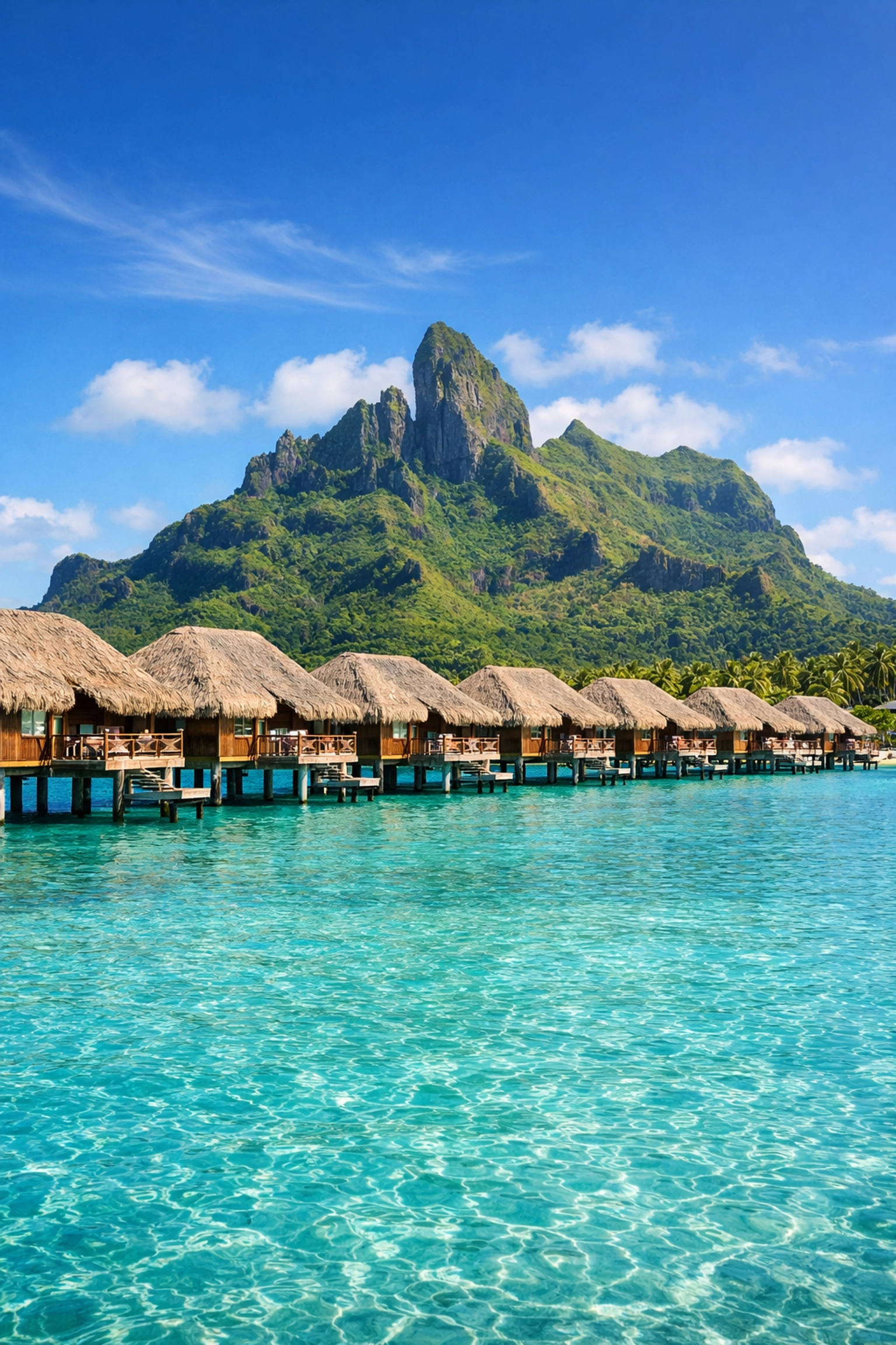 Overwater bungalows and Mount Otemanu in Bora Bora, one of the best photography locations for tropical luxury.