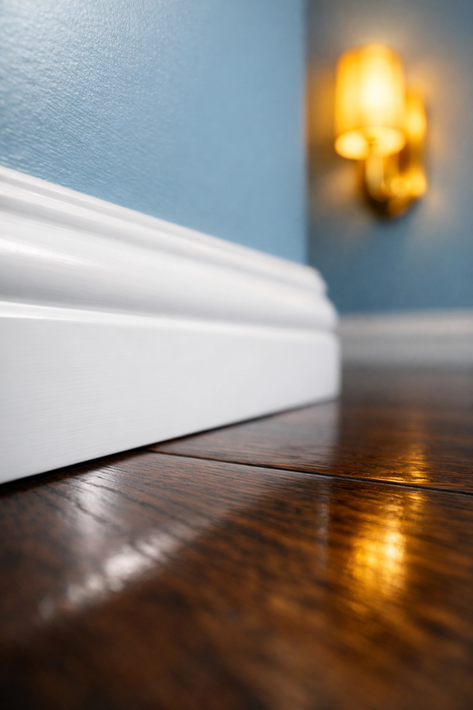 Spotless white baseboards and polished dark wood floors in a deep-cleaned Bolton house.