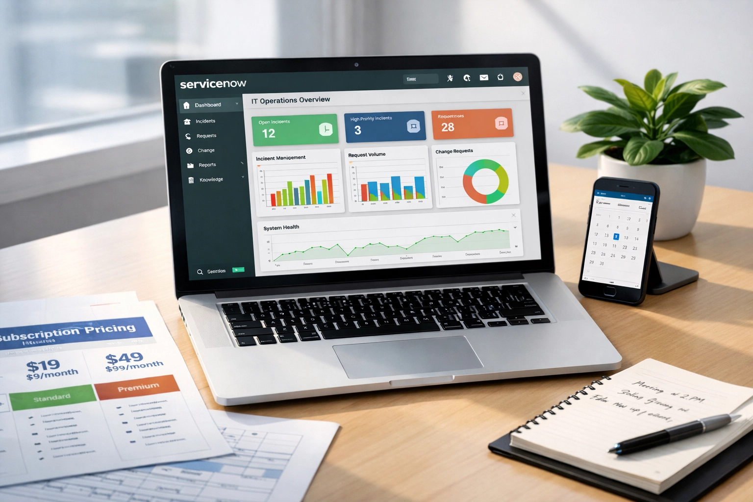 ServiceNow dashboard showing module pricing and subscription tiers on laptop screen