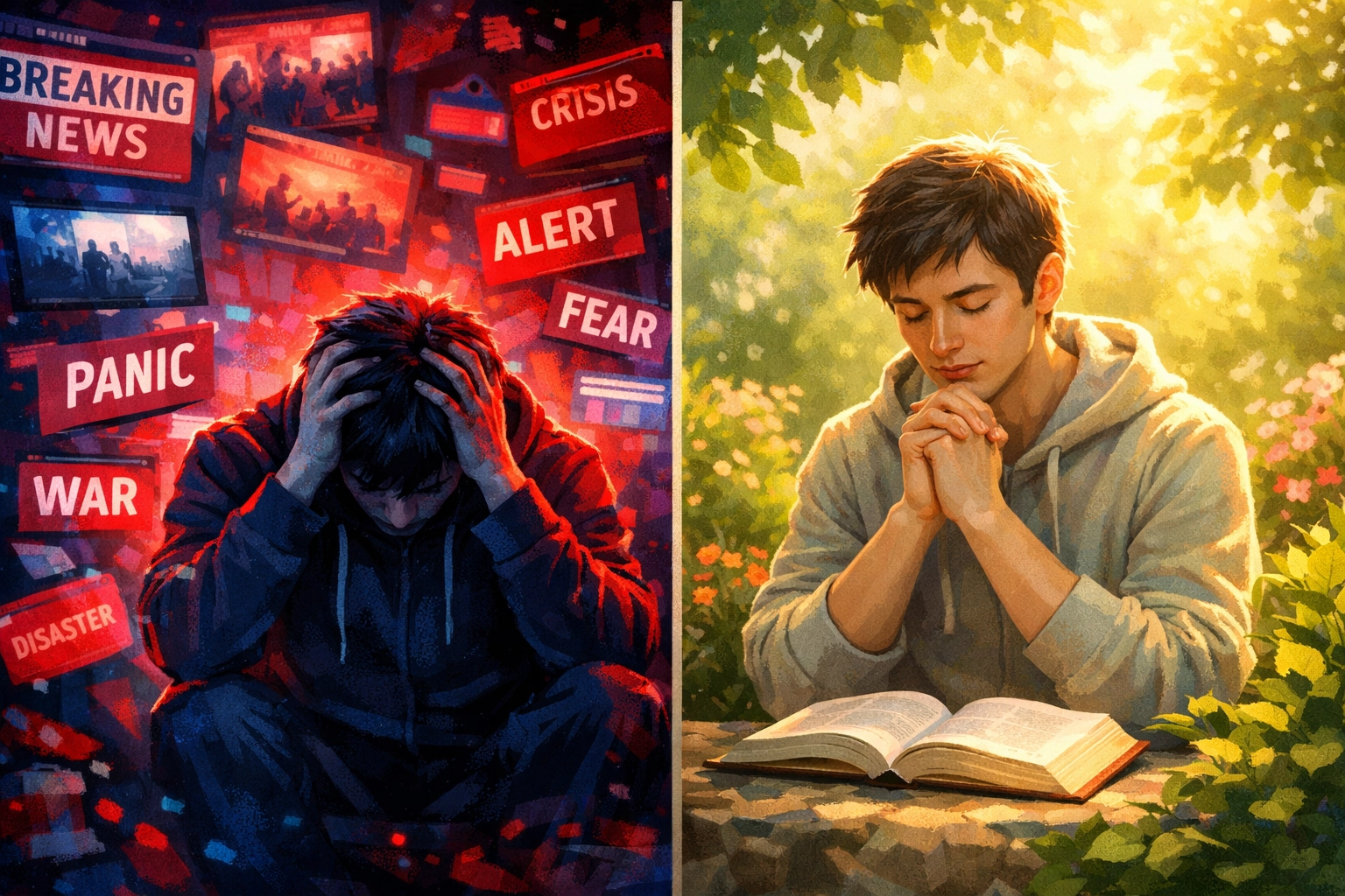 Contrast between media overwhelm and peaceful prayer showing biblical response to current events