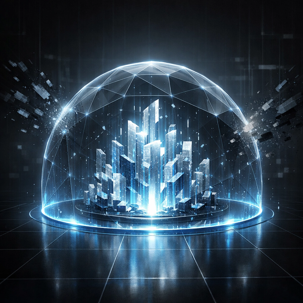 Cybersecurity shield protecting corporate data structures from network security threats and breaches.